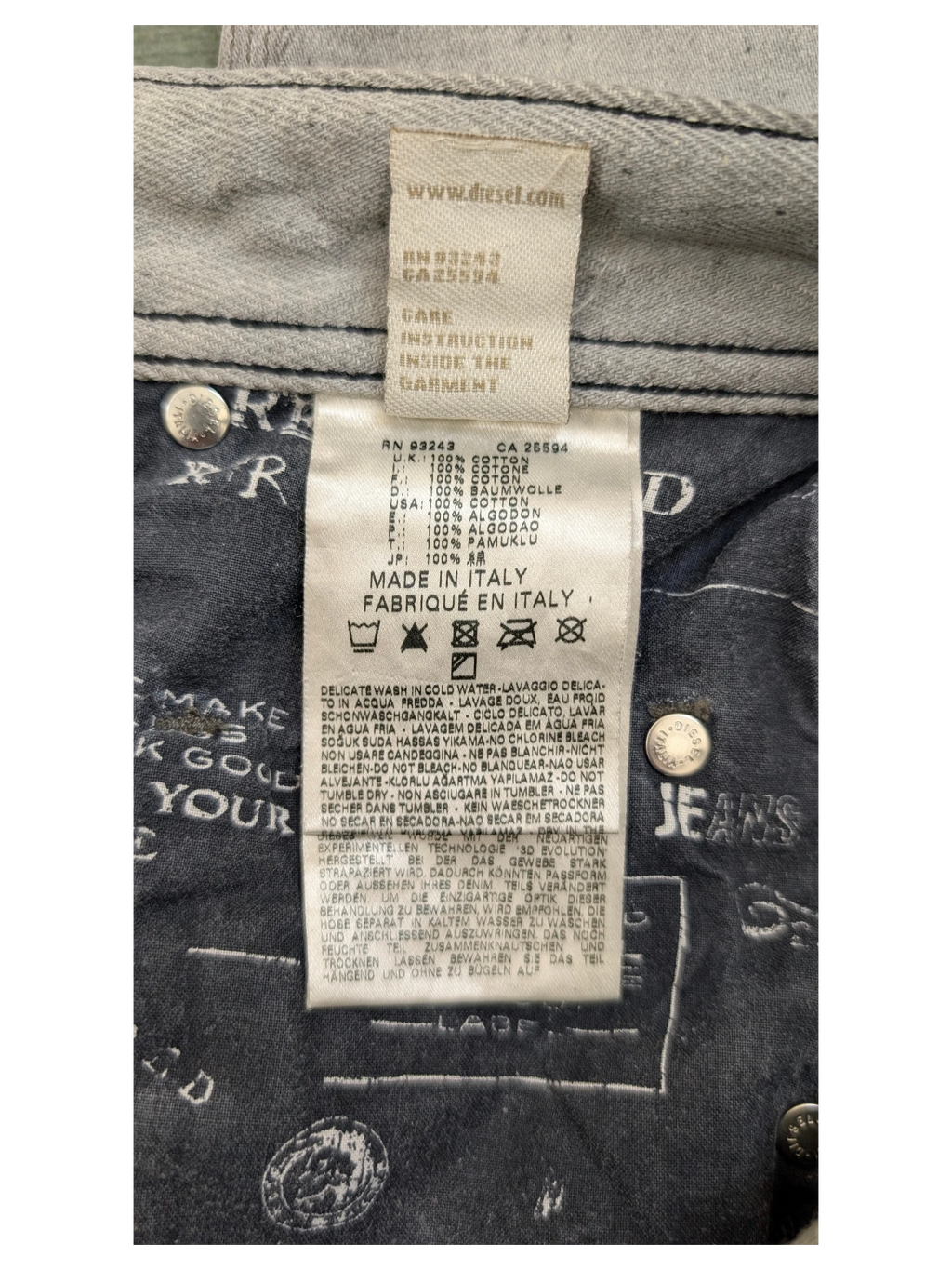 JAKE & IPI Diesel Krooley W34 L34 light wash denim jeans with care instructions label.
