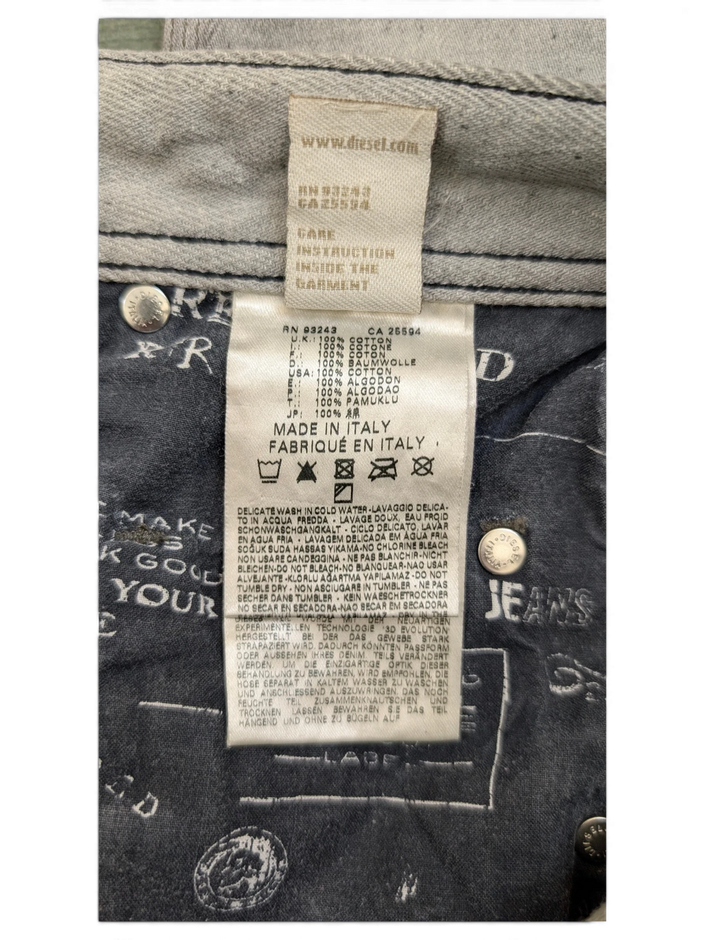 JAKE & IPI Diesel Krooley W34 L34 light wash denim jeans with care instructions label.
