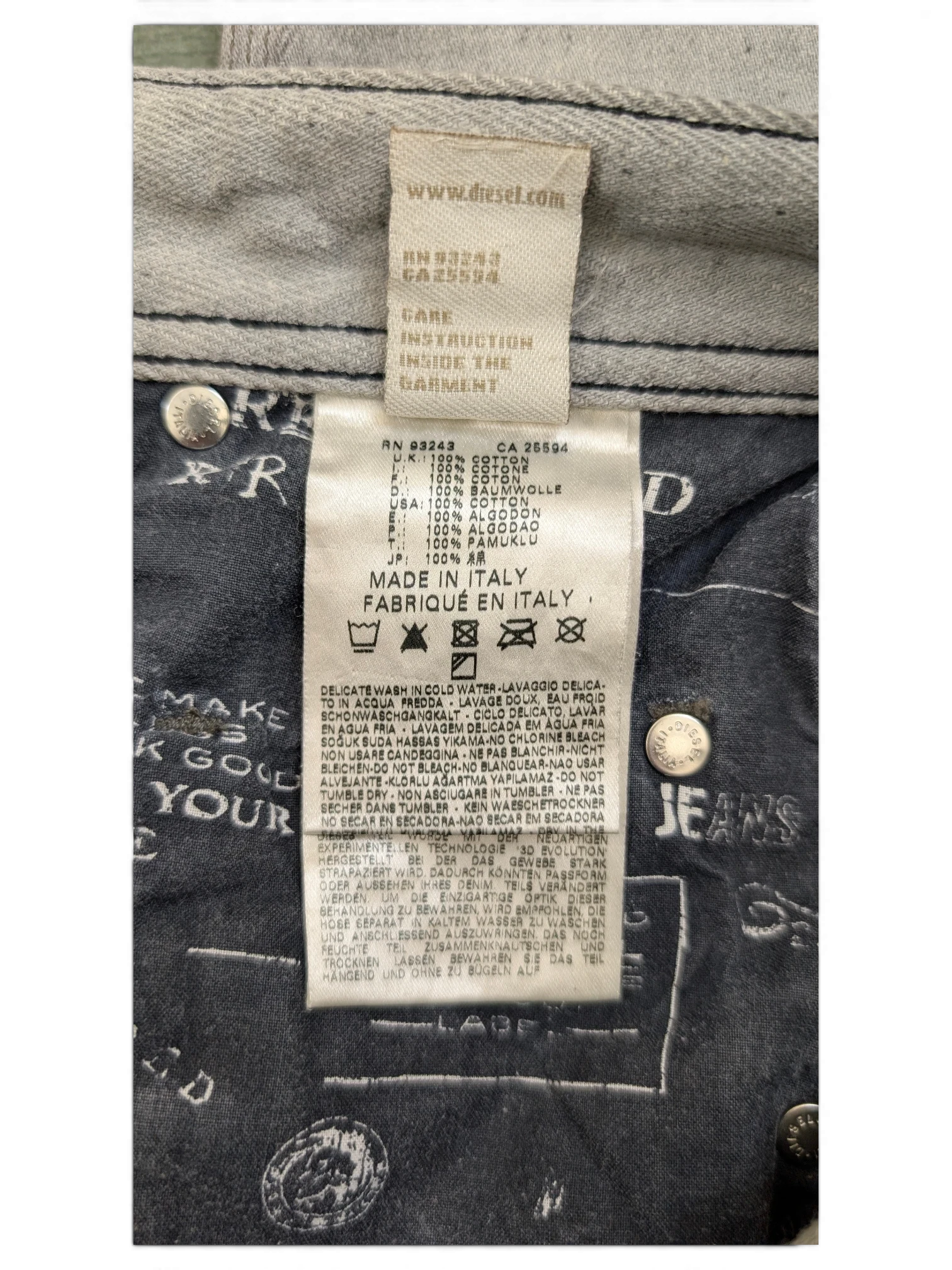 JAKE & IPI Diesel Krooley W34 L34 light wash denim jeans with care instructions label.