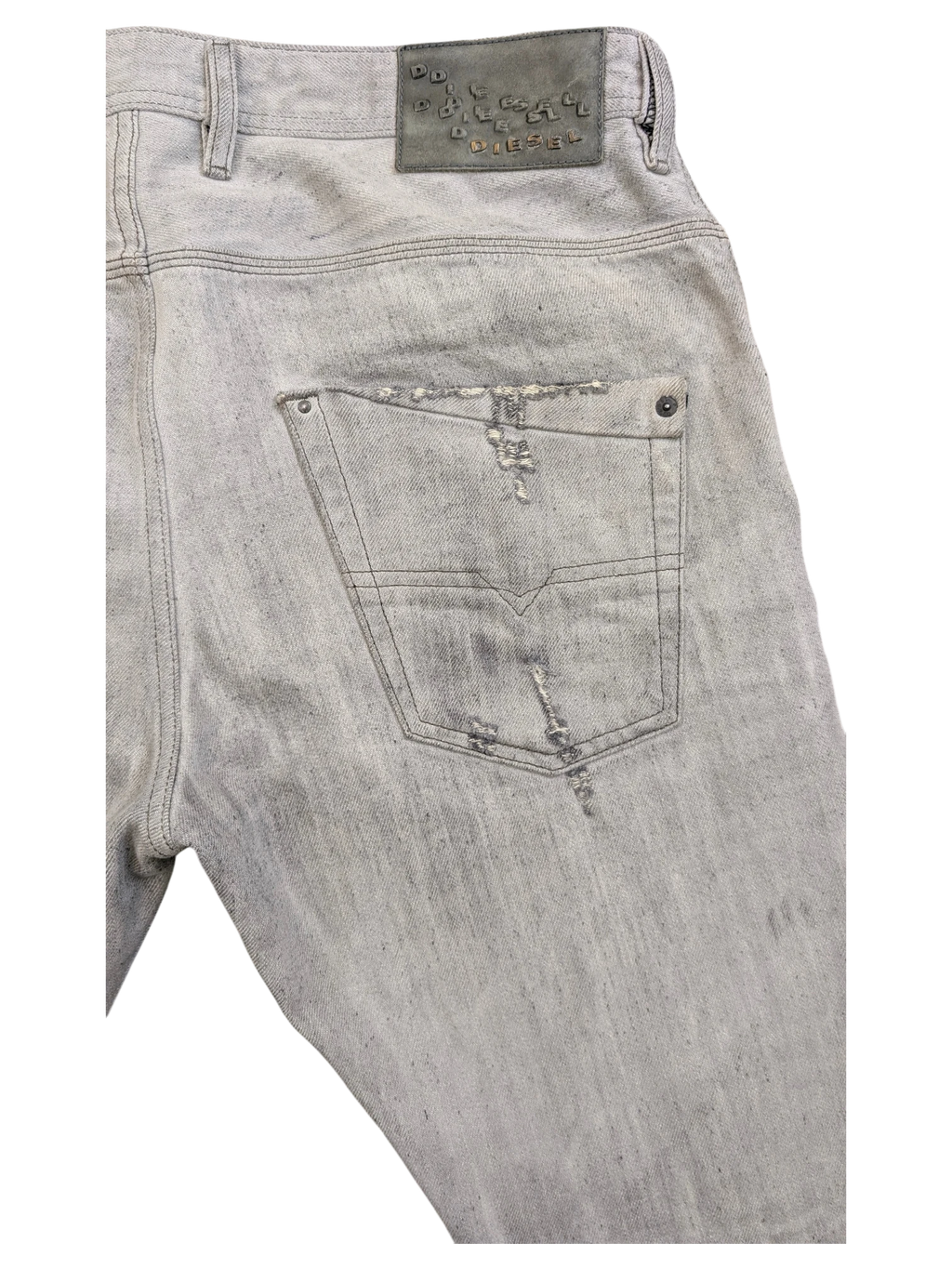 JAKE & IPI Diesel Krooley light grey distressed denim jeans with a leather logo patch.