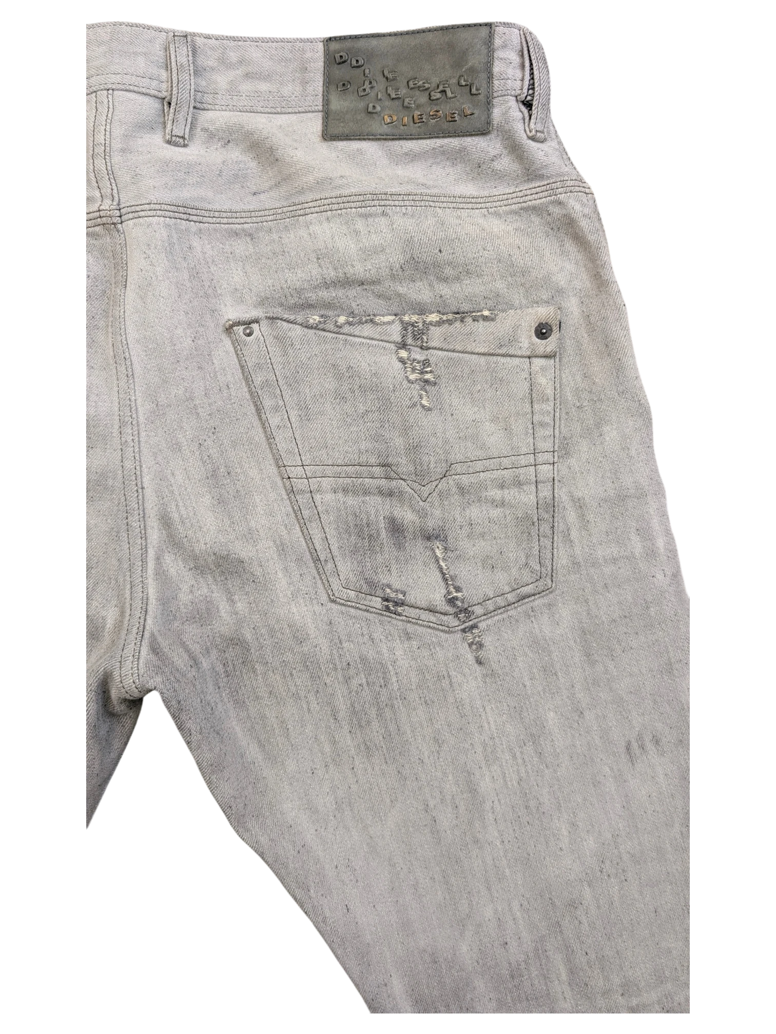 JAKE & IPI Diesel Krooley light grey distressed denim jeans with a leather logo patch.
