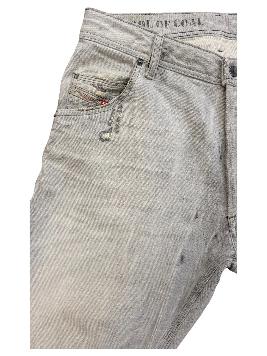 JAKE & IPI Diesel Krooley light grey distressed denim jeans with Diesel Industries logo patch.