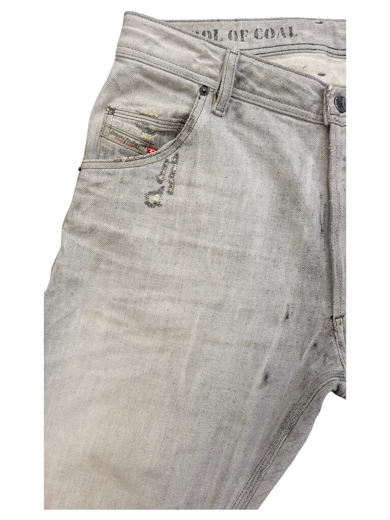 JAKE & IPI Diesel Krooley light grey distressed denim jeans with Diesel Industries logo patch.