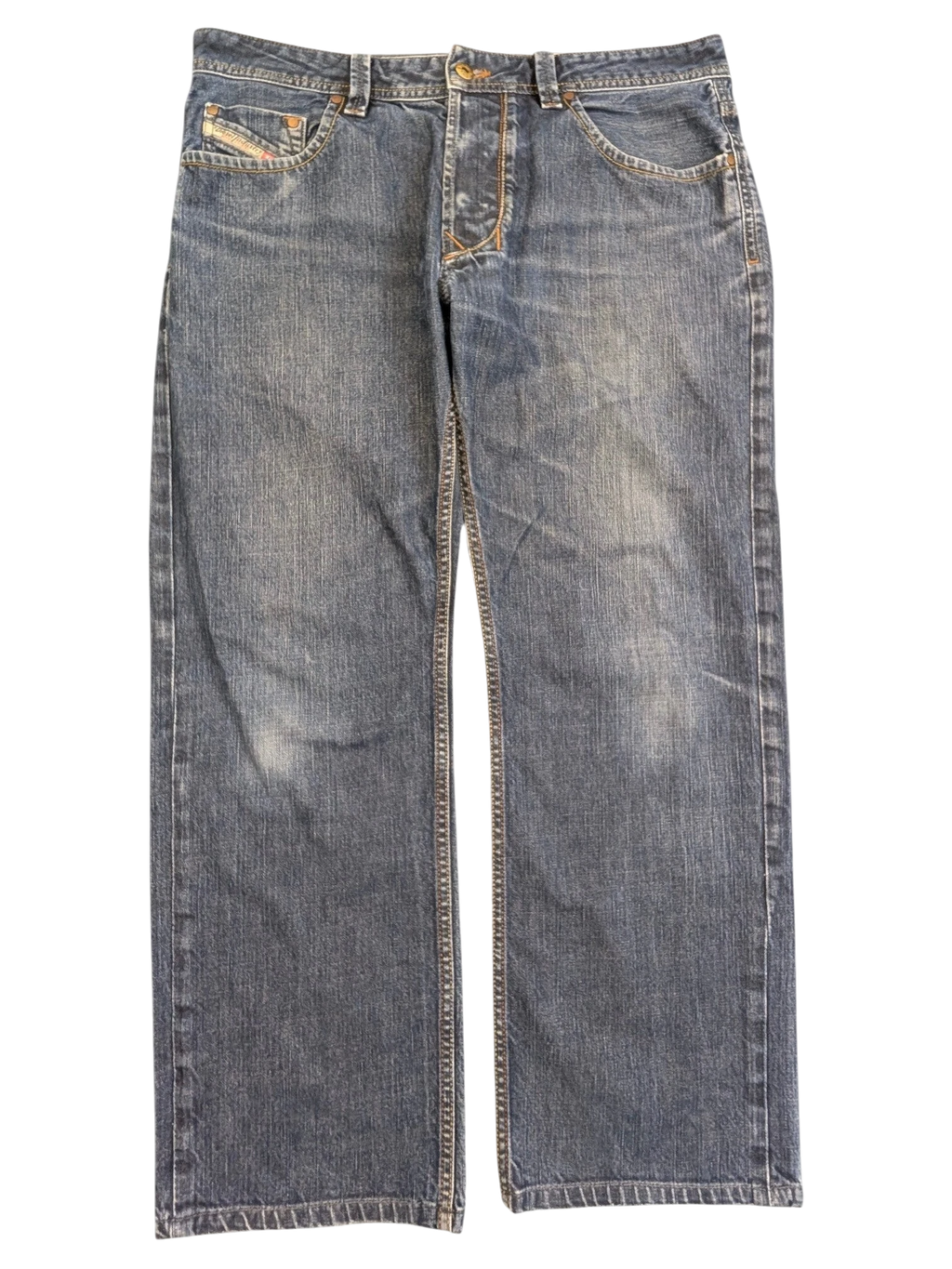 JAKE & IPI Diesel Larkee men's blue denim jeans, size W34 L30, with distressed detailing and classic five-pocket styling.