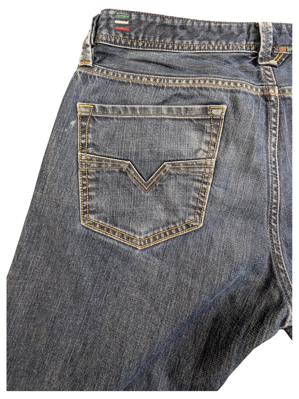 JAKE & IPI Diesel Larkee jeans in dark wash denim with V-stitch back pocket detail and contrast stitching.