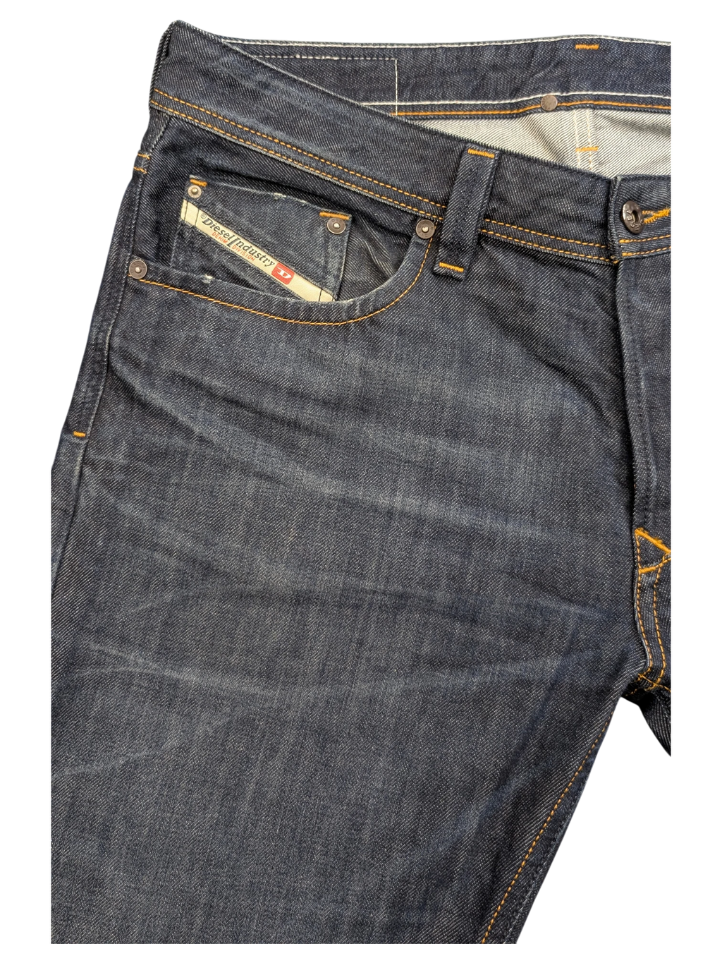 JAKE & IPI Diesel Larkee dark wash denim jeans with orange stitching and signature pocket tag.