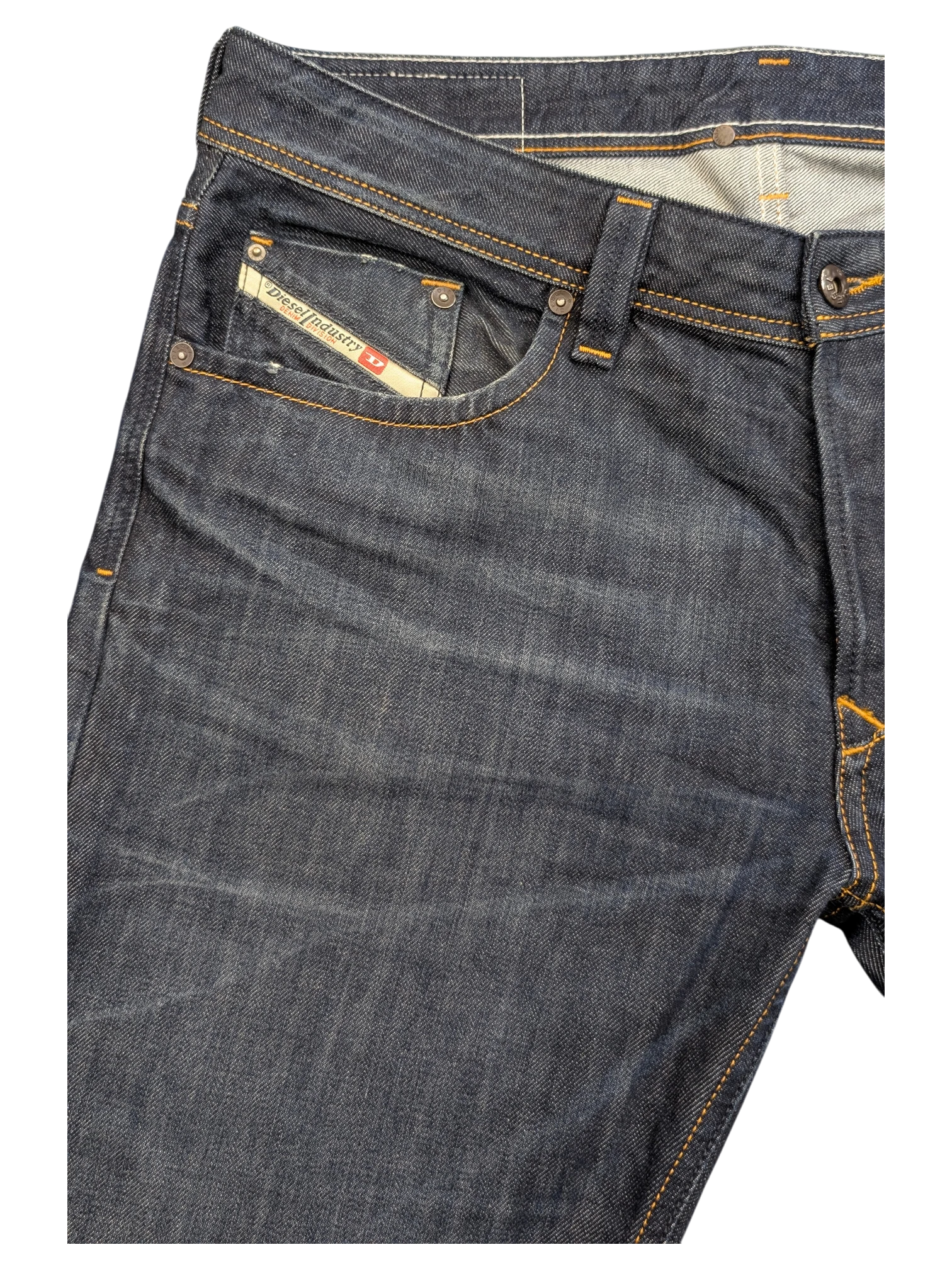 JAKE & IPI Diesel Larkee dark wash denim jeans with orange stitching and signature pocket tag.