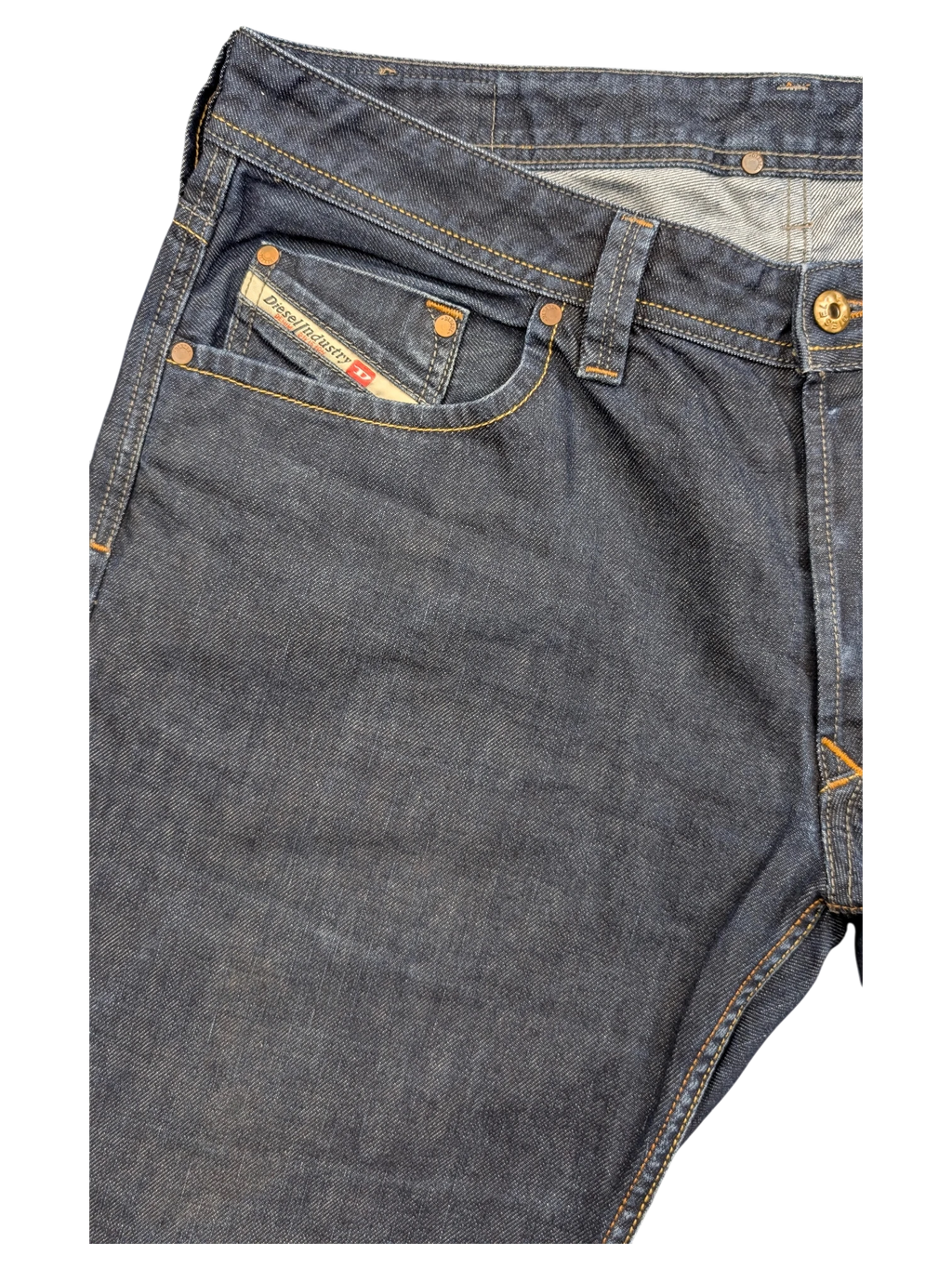 JAKE & IPI Diesel Larkee dark wash denim jeans with copper stitching and signature pocket logo.