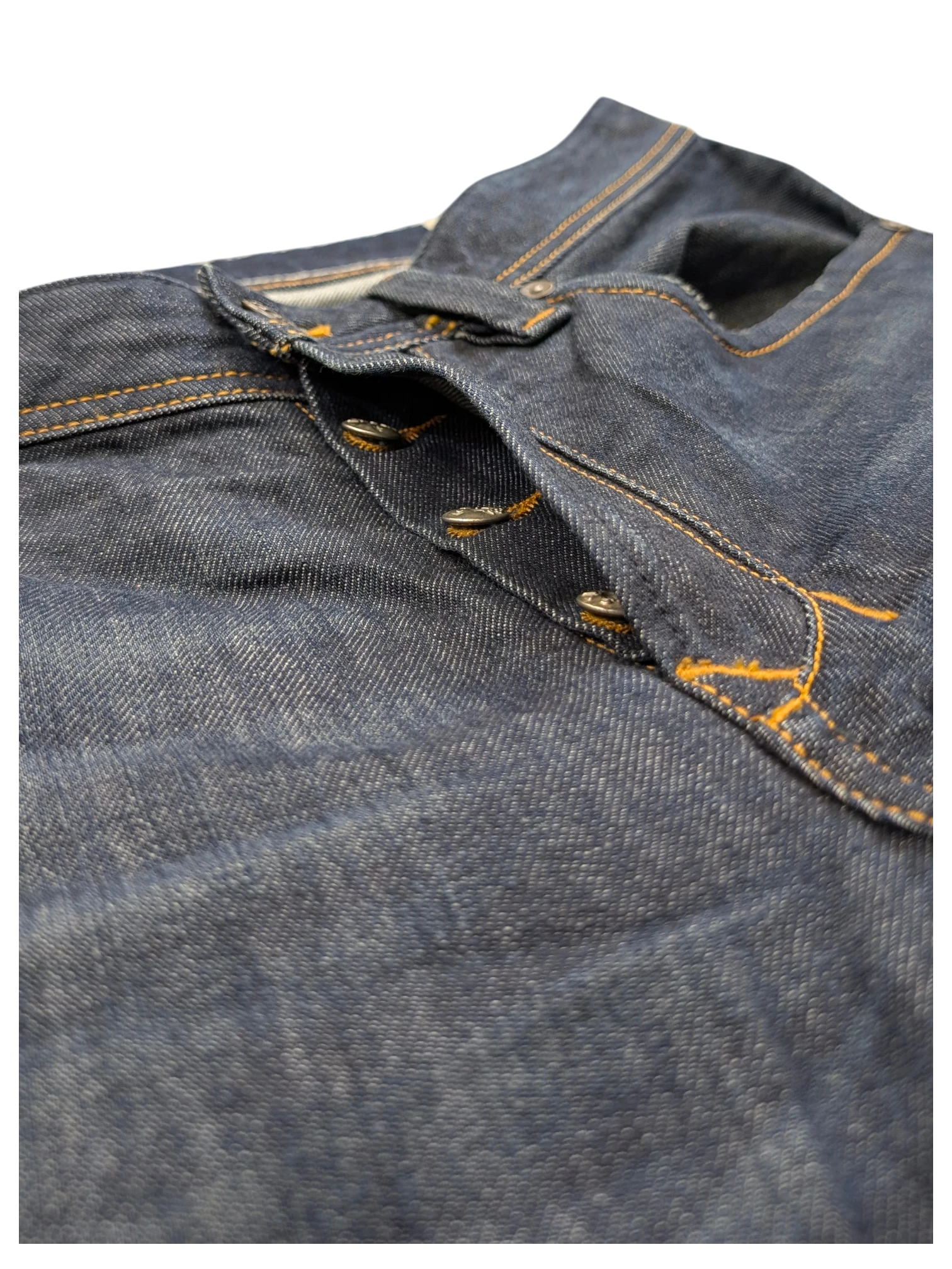 JAKE & IPI dark wash denim jeans with orange stitching and button fly closure. Diesel Larkee style.