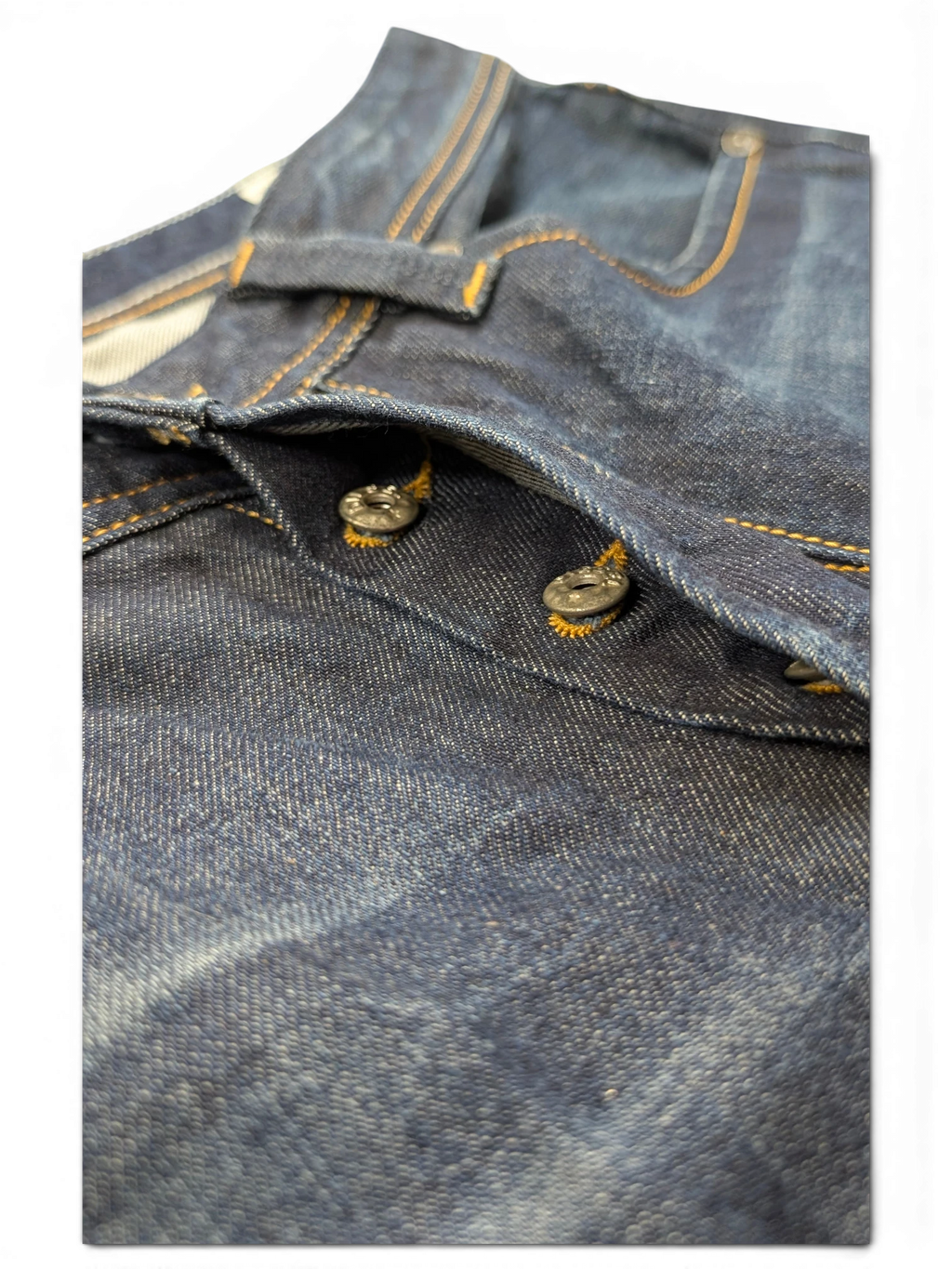 JAKE & IPI dark wash denim jeans with button fly and contrast stitching. Larkee W33 L32.