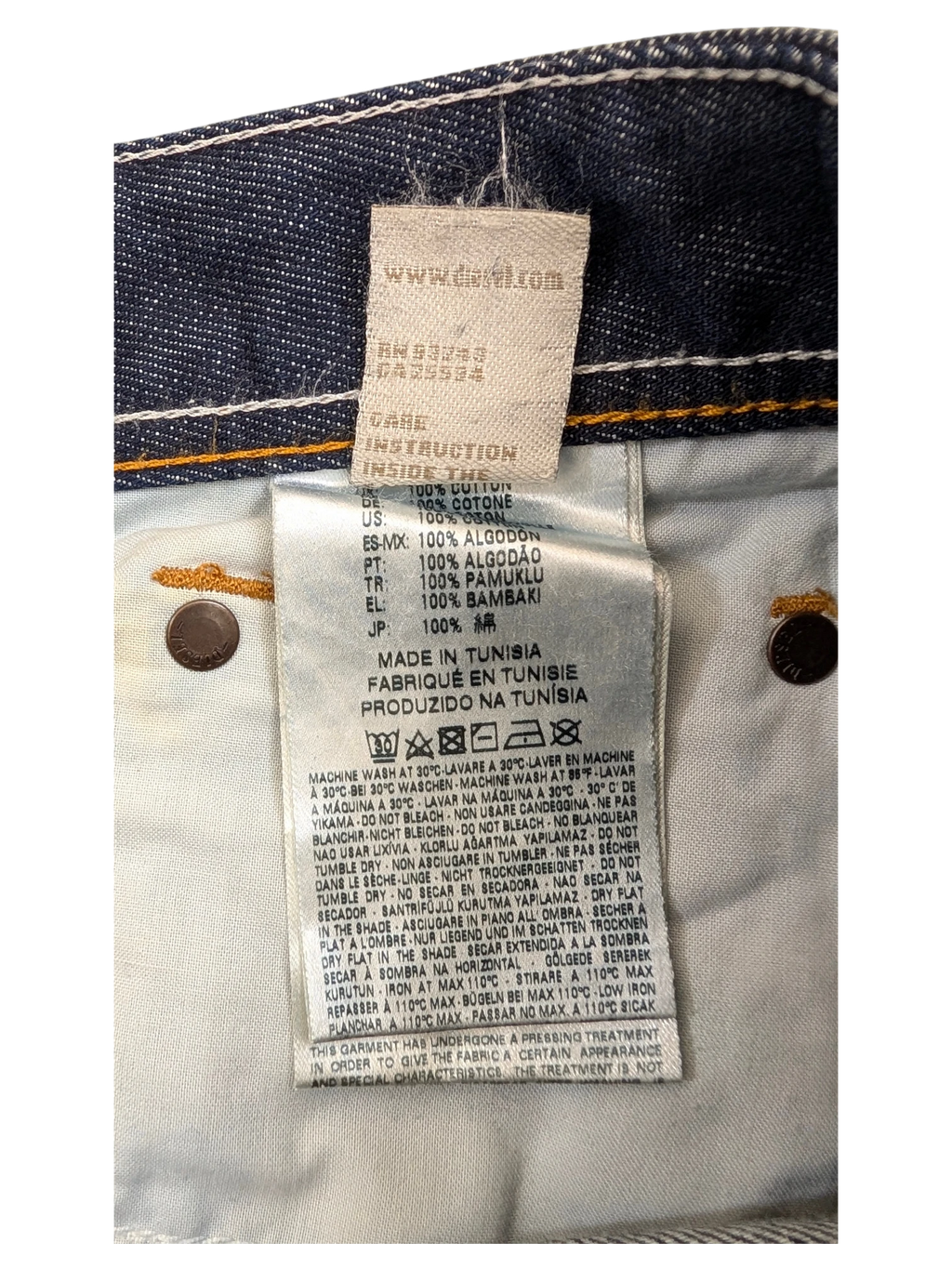 JAKE & IPI Diesel Larkee jeans, 100% cotton, dark wash denim with white stitching and branded buttons.