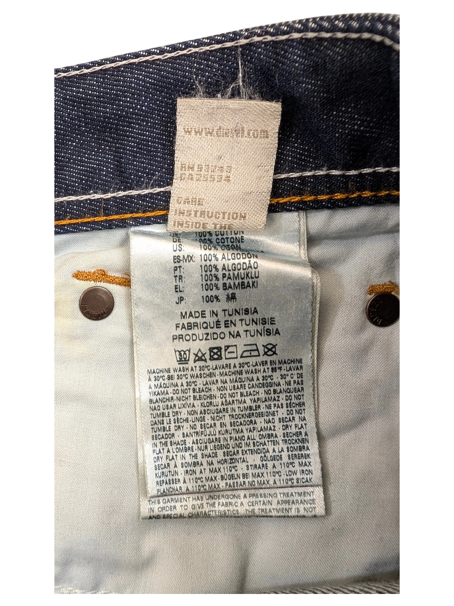 JAKE & IPI Diesel Larkee jeans, 100% cotton, dark wash denim with white stitching and branded buttons.