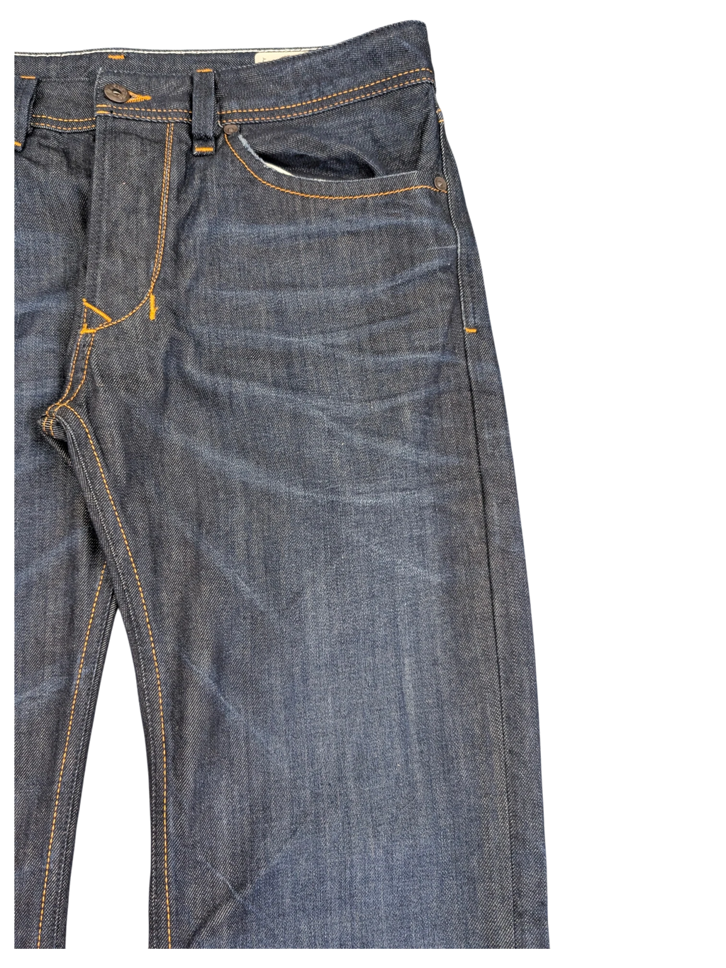 JAKE & IPI dark wash denim jeans with orange stitching, Larkee W31 L32 fit.
