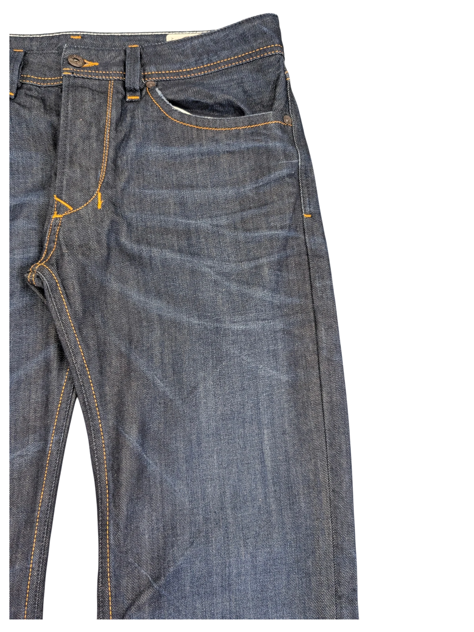 JAKE & IPI dark wash denim jeans with orange stitching, Larkee W31 L32 fit.