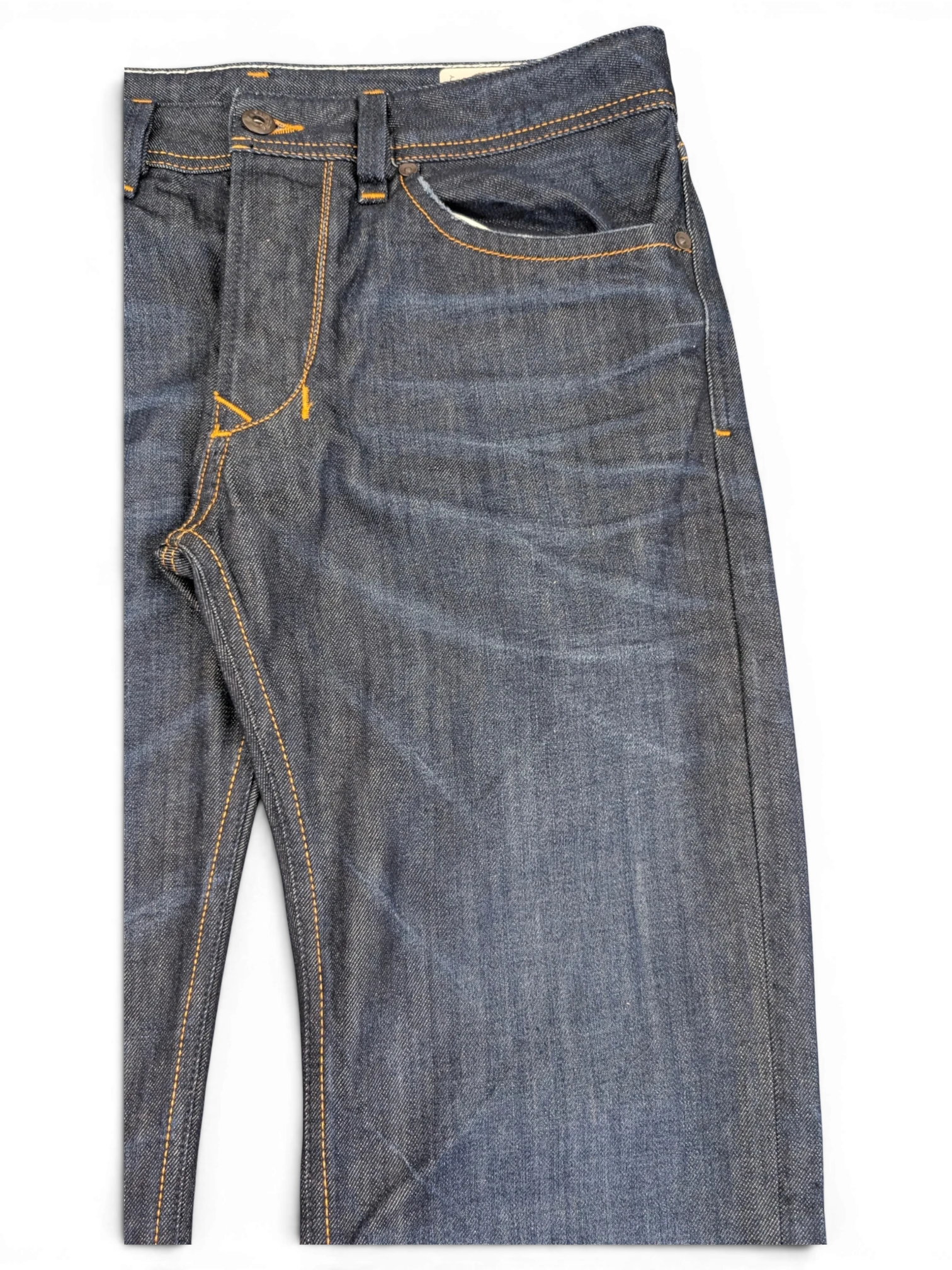 JAKE & IPI dark wash denim jeans with orange stitching, Larkee W31 L32 fit.
