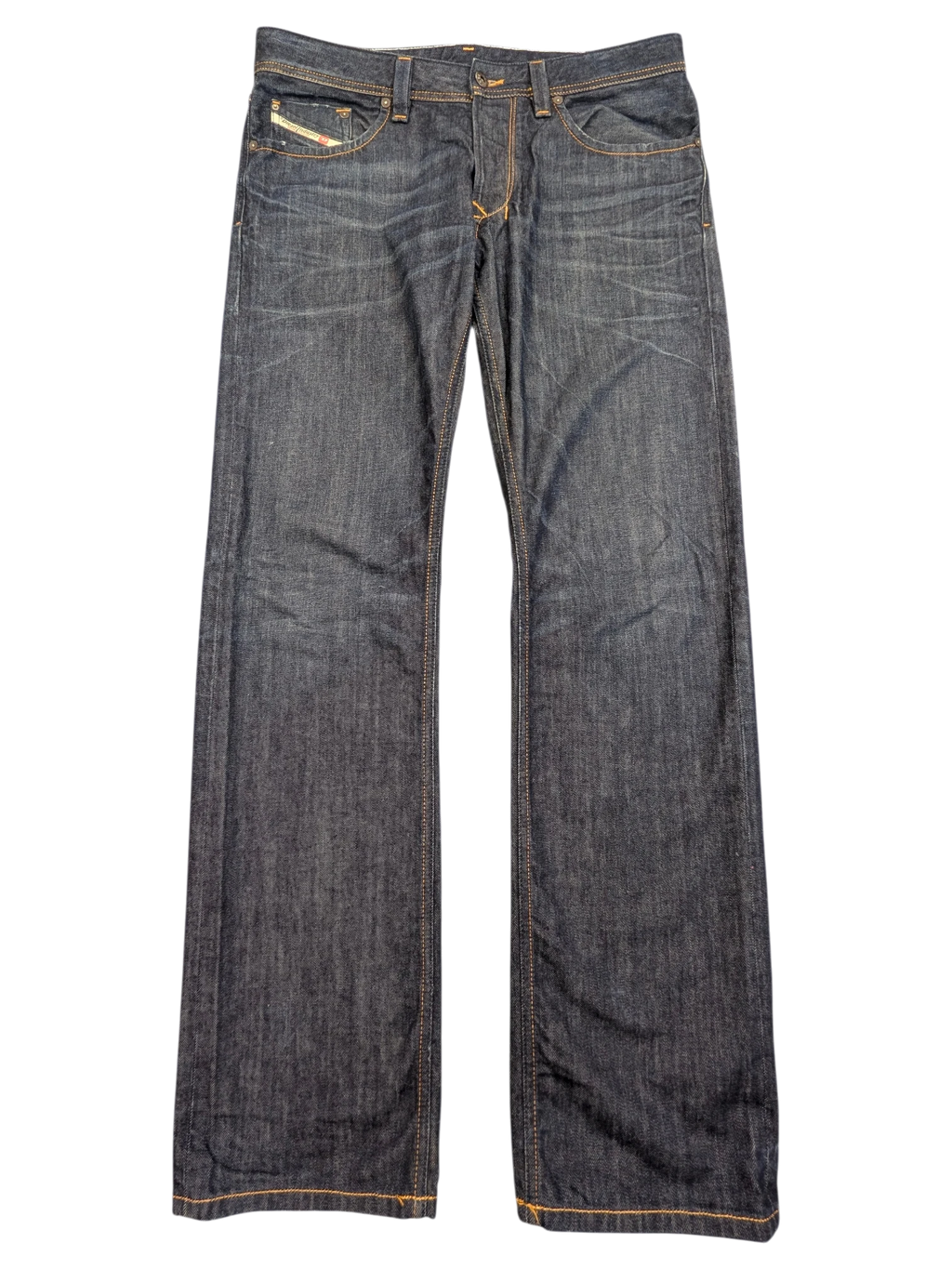 JAKE & IPI Diesel Larkee dark wash denim jeans, size W33 L32, with orange stitching and signature coin pocket.