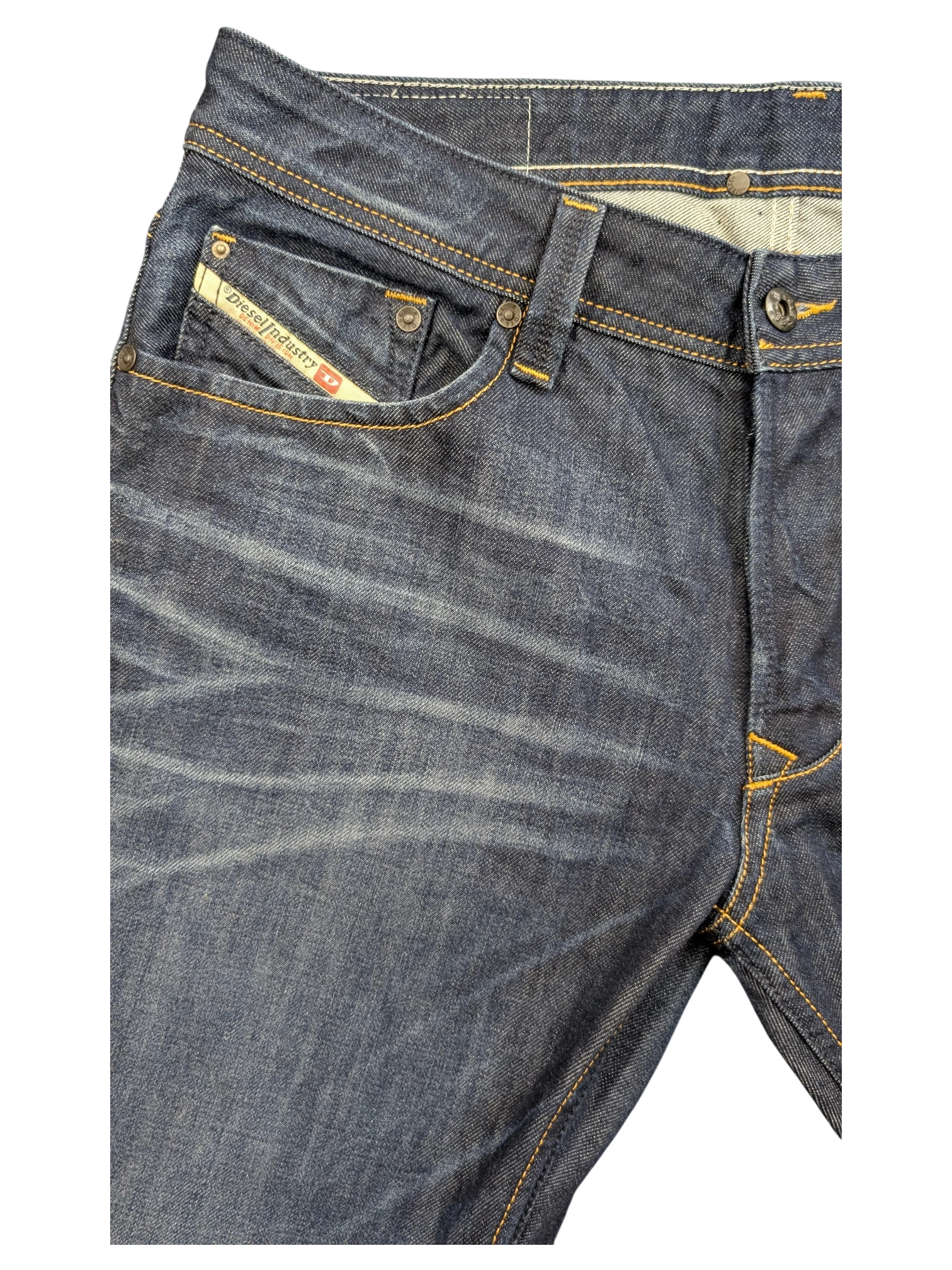 JAKE & IPI Diesel Larkee dark wash denim jeans with whiskering and orange stitching. W33 L32.