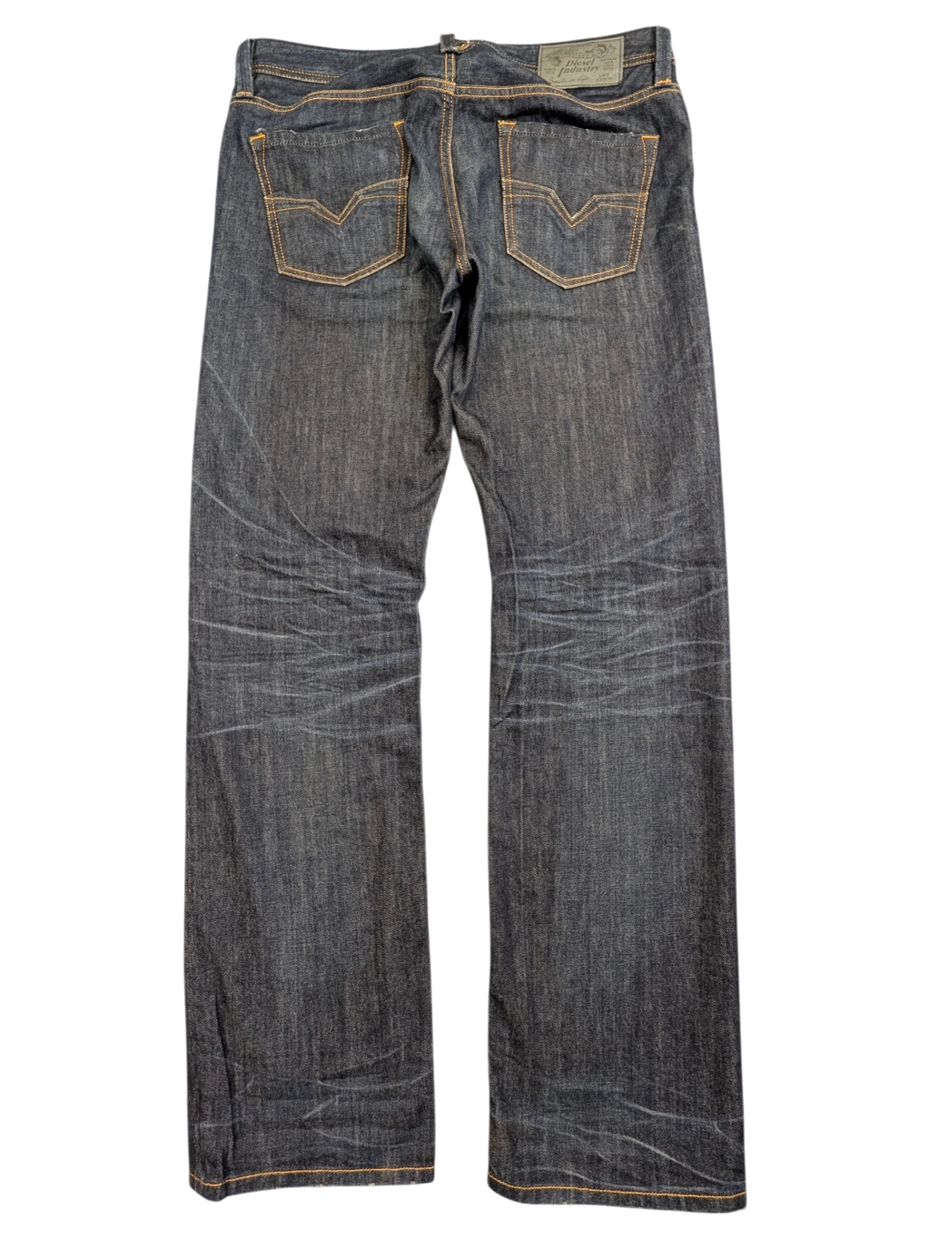 JAKE & IPI dark wash denim jeans with orange stitching, size W33 L32, featuring whiskering and fading.