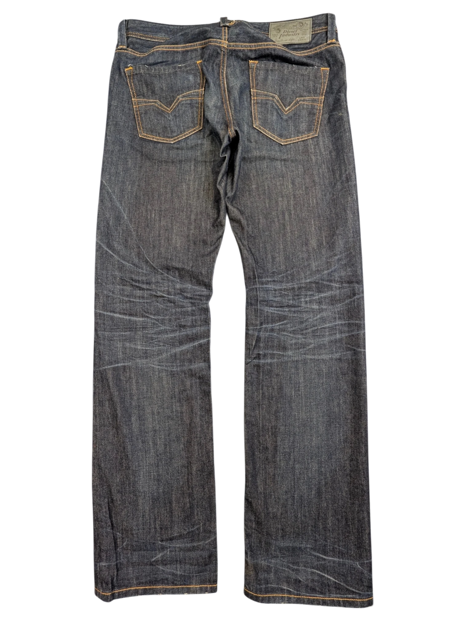 JAKE & IPI dark wash denim jeans with orange stitching, size W33 L32, featuring whiskering and fading.