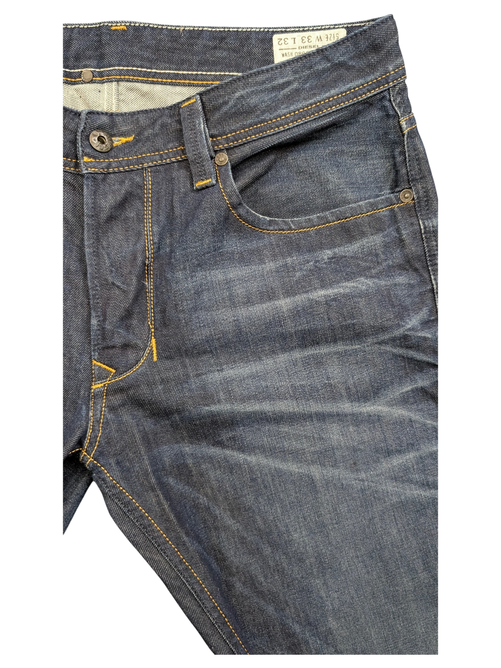 JAKE & IPI Diesel Larkee jeans in dark wash denim with yellow stitching and distressed details. Size 33x32.