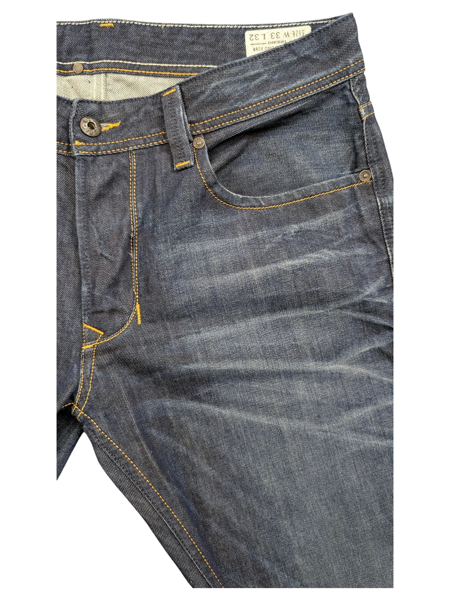 JAKE & IPI Diesel Larkee jeans in dark wash denim with yellow stitching and distressed details. Size 33x32.