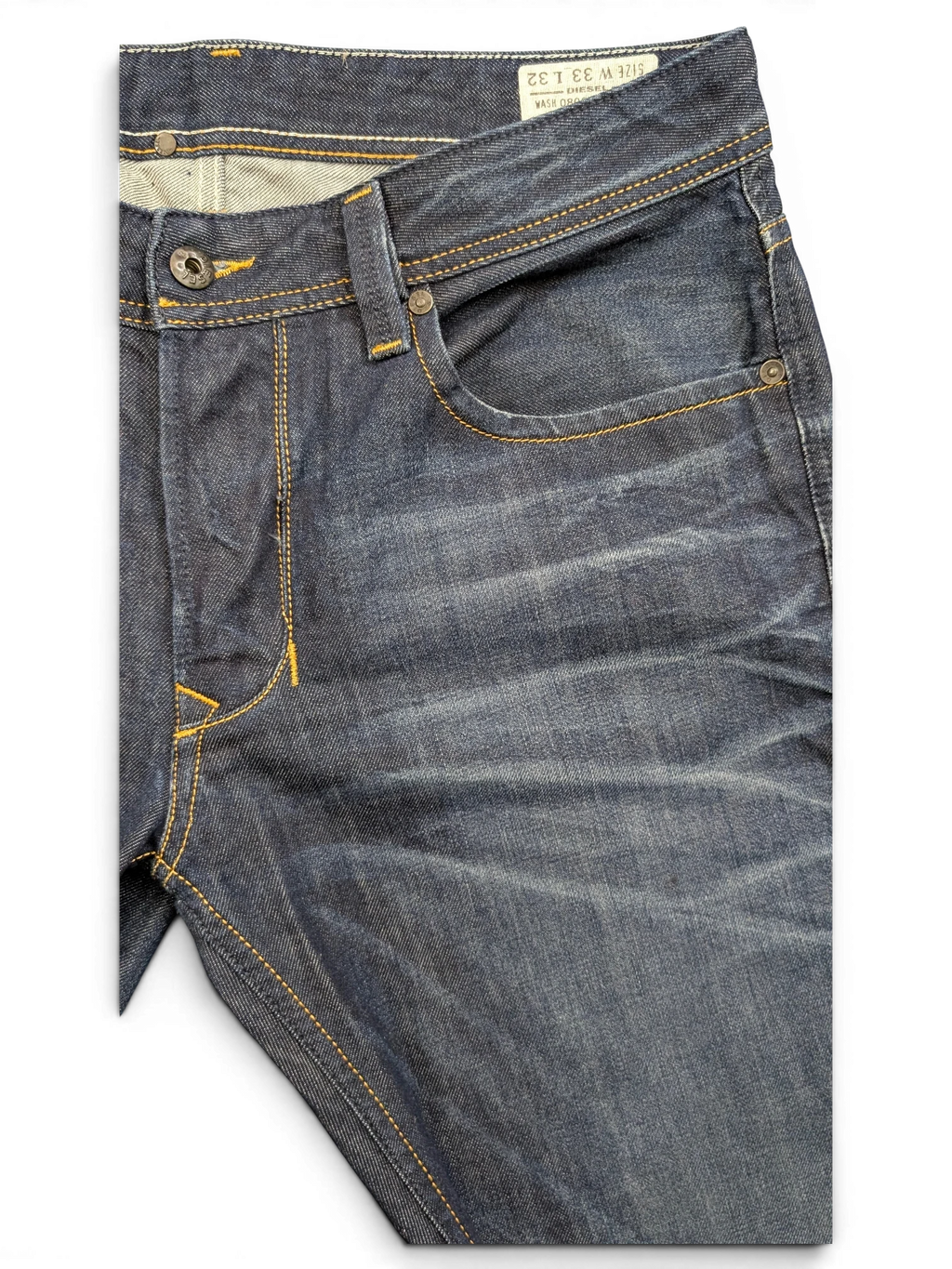 JAKE & IPI Diesel Larkee jeans in dark wash denim with yellow stitching and distressed details. Size 33x32.