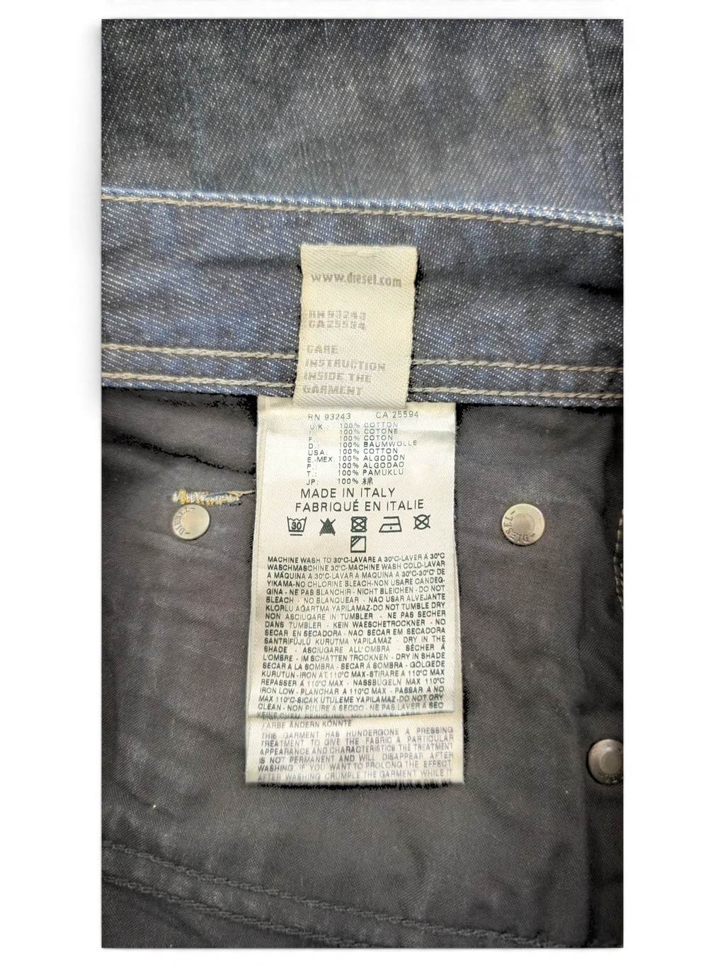 JAKE & IPI Diesel Larkee jeans label with care instructions and size W36 L34. Made in Italy.