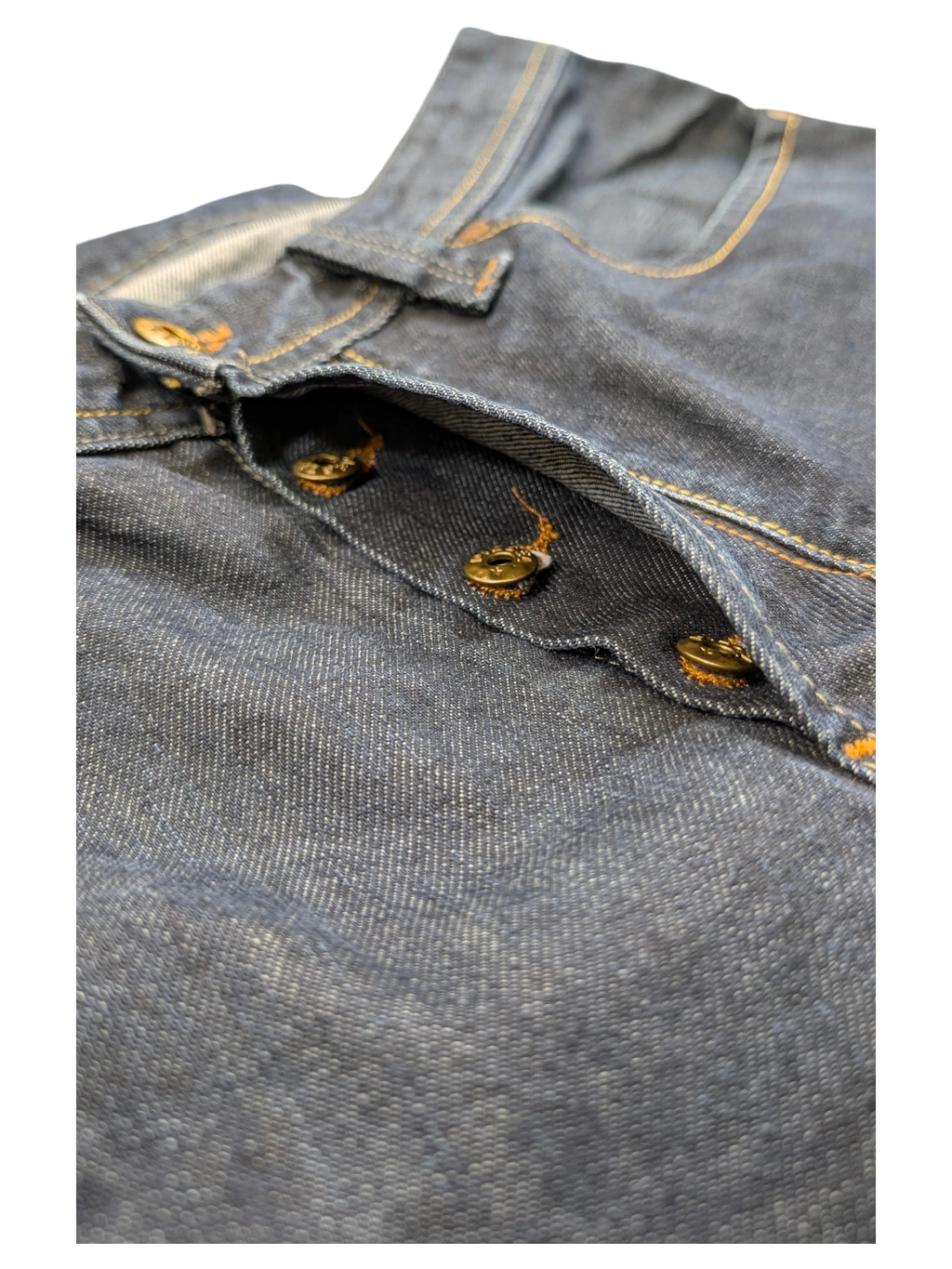 JAKE & IPI dark wash denim jeans with button fly and copper-tone hardware. Size W36 L34.