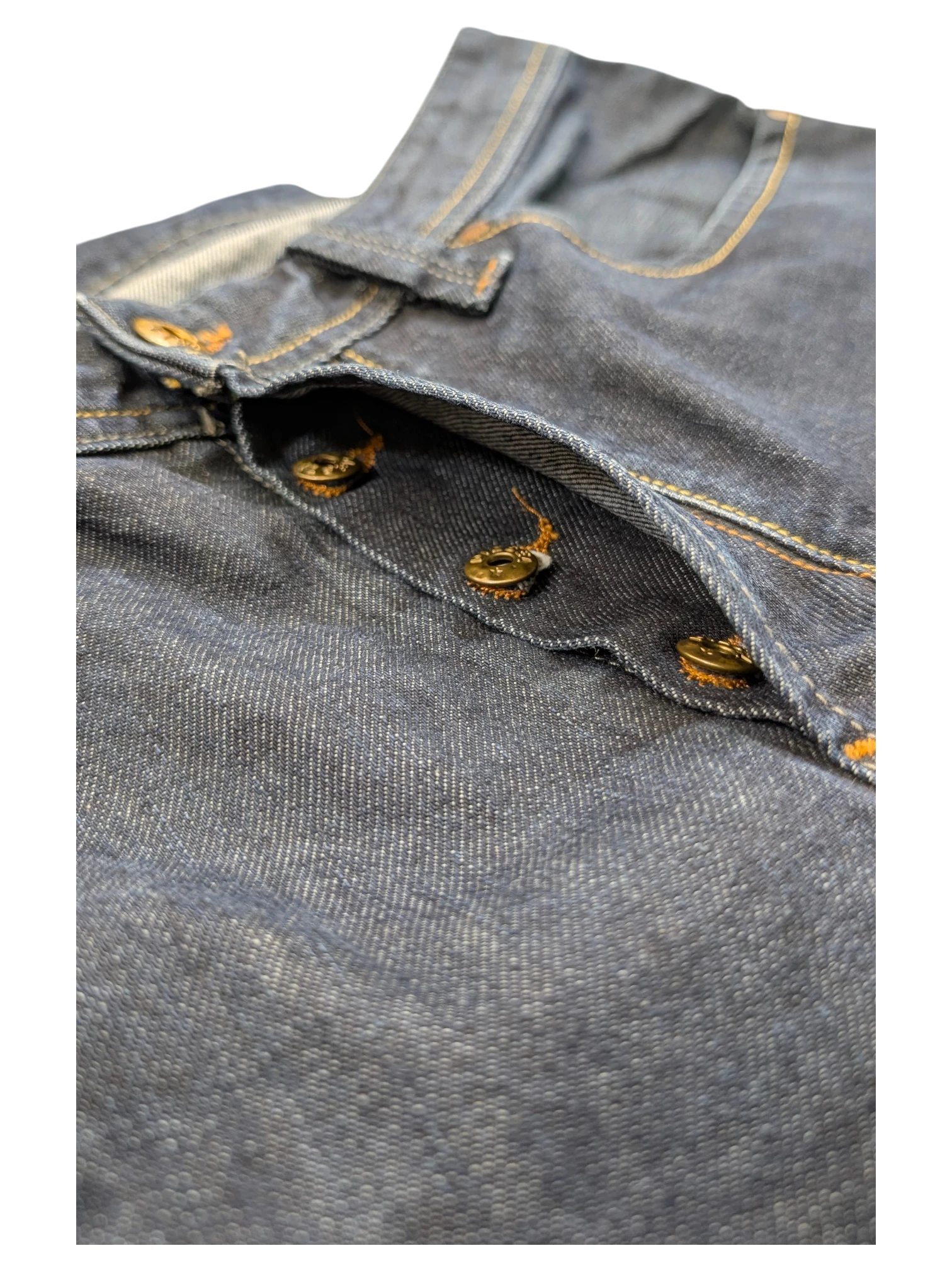 JAKE & IPI dark wash denim jeans with button fly and copper-tone hardware. Size W36 L34.