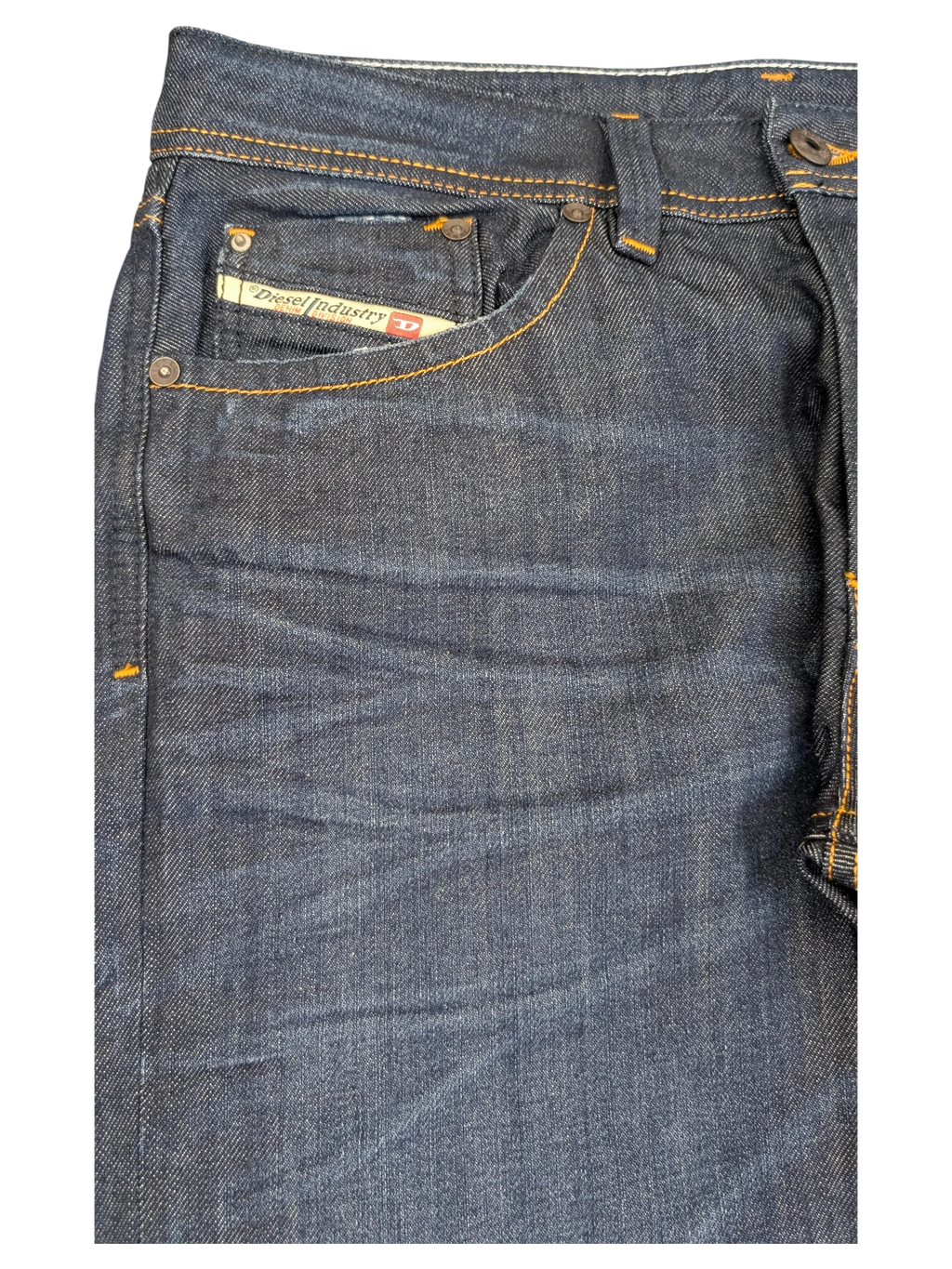 JAKE & IPI Diesel Larkee W31 L32 dark wash denim jeans with orange stitching and Diesel Industry logo patch.