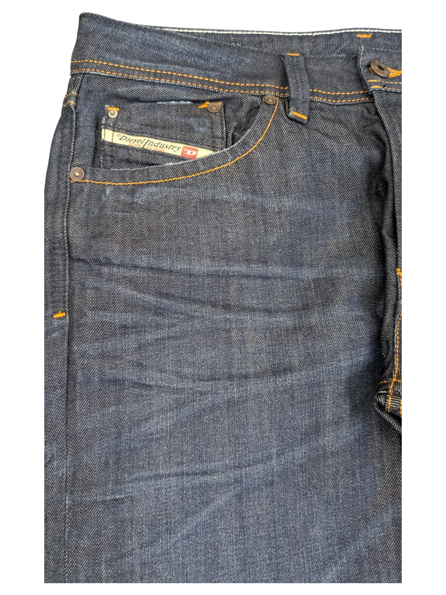 JAKE & IPI Diesel Larkee W31 L32 dark wash denim jeans with orange stitching and Diesel Industry logo patch.