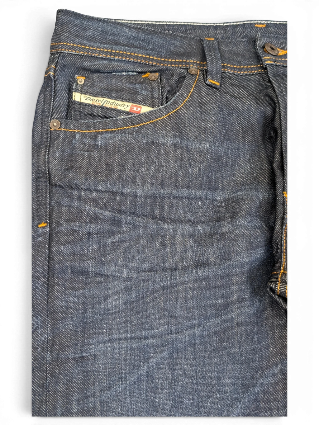 JAKE & IPI Diesel Larkee W31 L32 dark wash denim jeans with orange stitching and Diesel Industry logo patch.