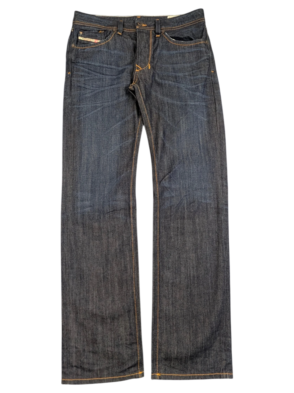 JAKE & IPI Diesel Larkee W31 L32 dark wash denim jeans with orange stitching and a relaxed fit.