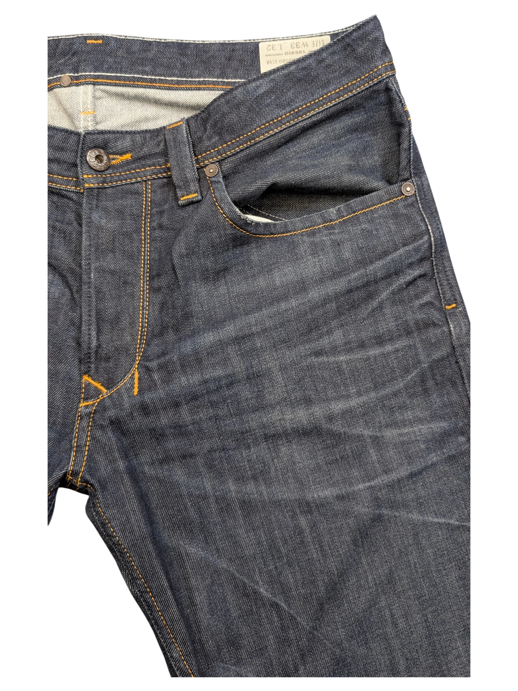 JAKE & IPI dark wash denim jeans with orange stitching and distressed details. Size W33 L32.