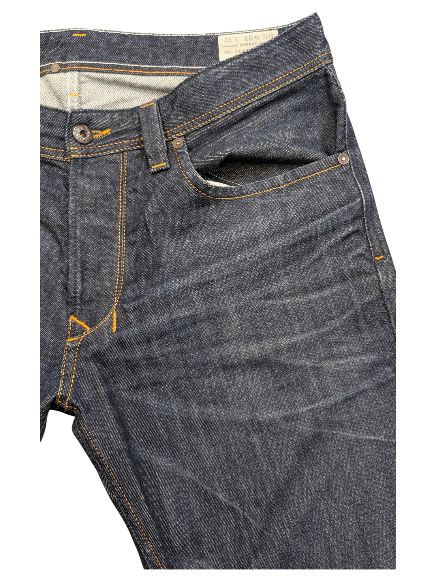 JAKE & IPI dark wash denim jeans with orange stitching and distressed details. Size W33 L32.