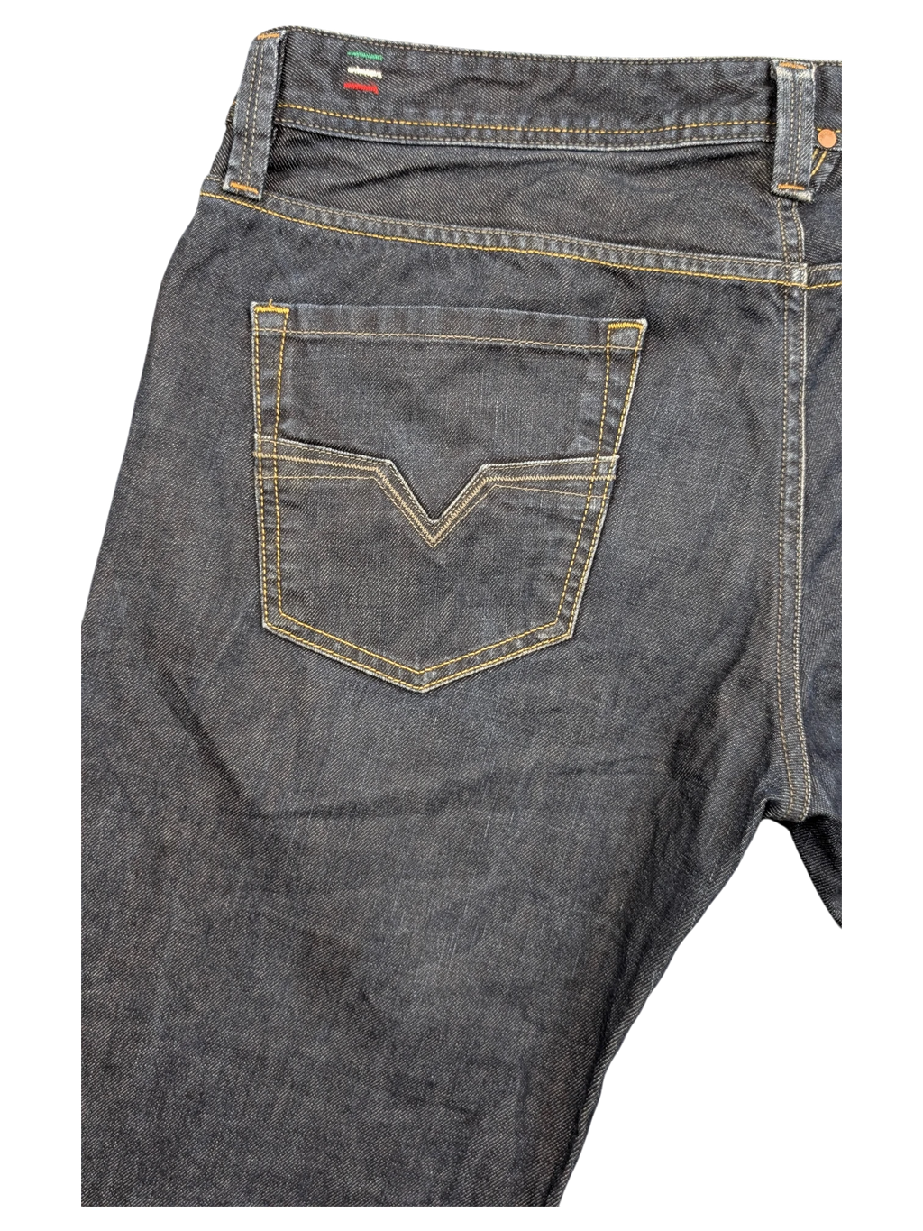 JAKE & IPI dark wash denim jeans with V-stitch back pocket detail and Italian flag tab.