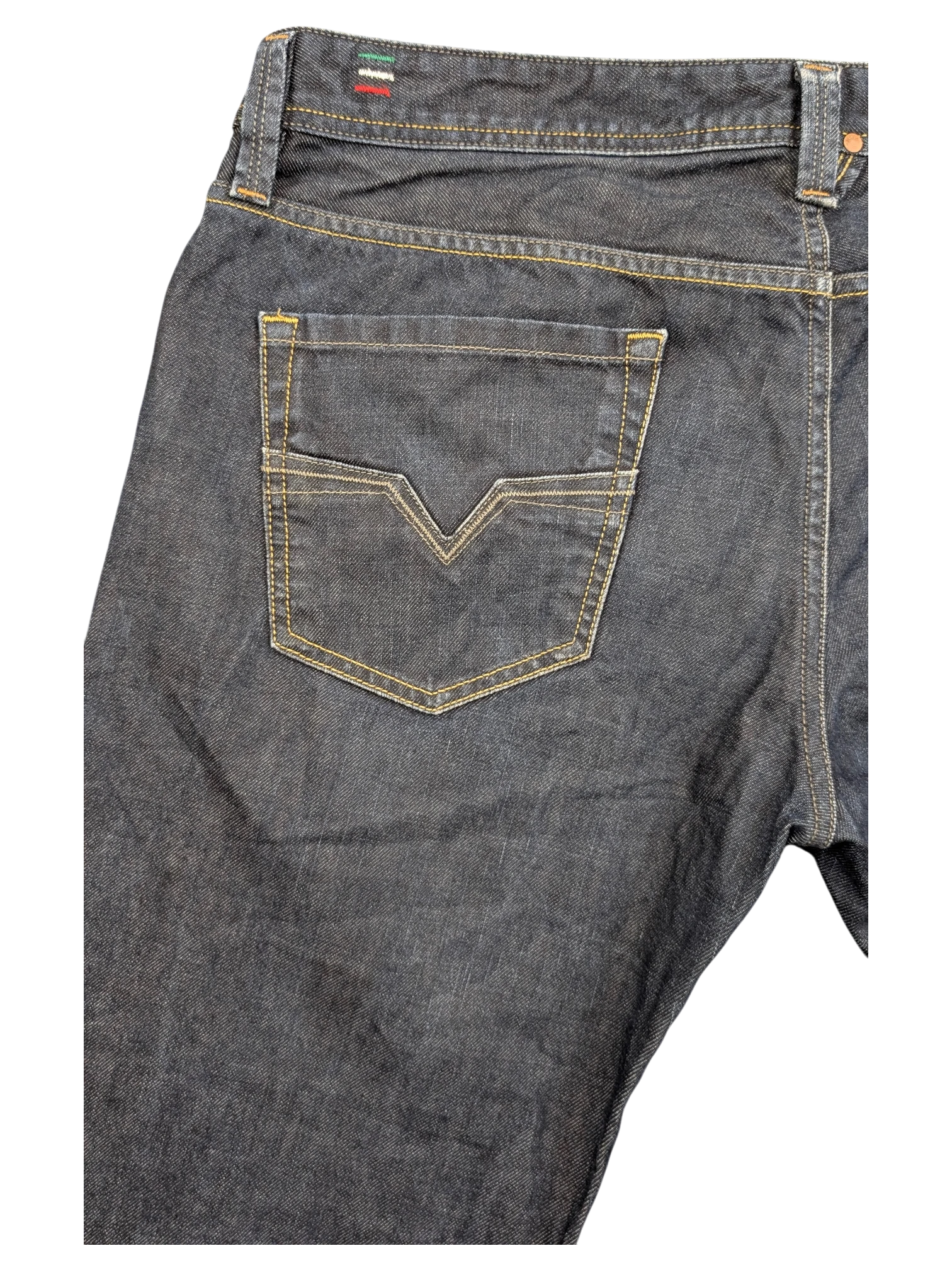 JAKE & IPI dark wash denim jeans with V-stitch back pocket detail and Italian flag tab.