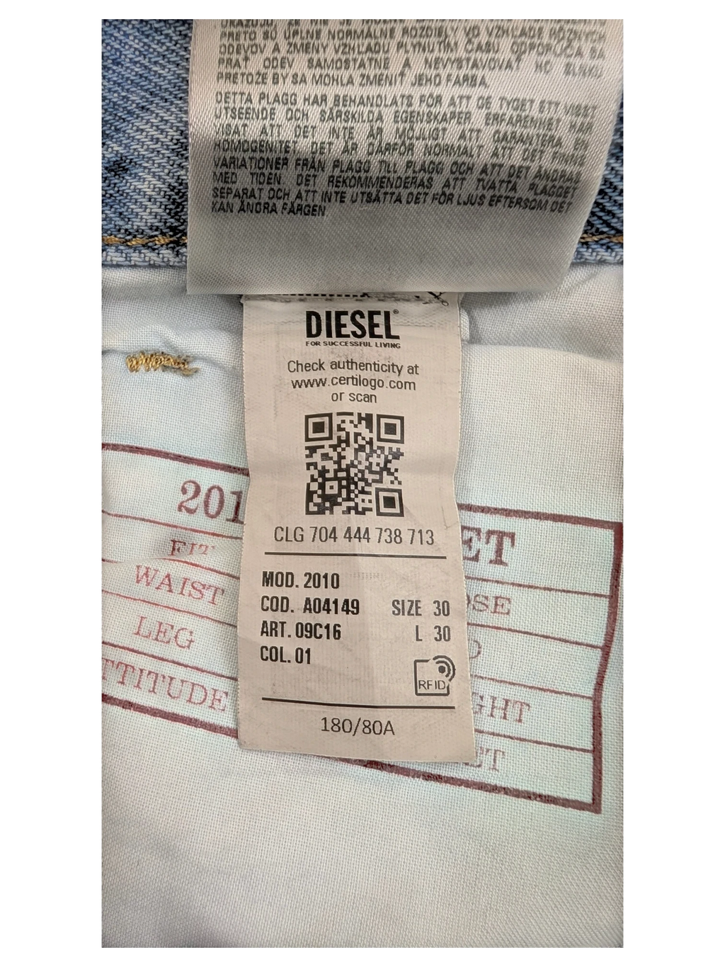 JAKE & IPI Diesel Library 2010 jeans, size 30x30, blue denim with RFID tag.