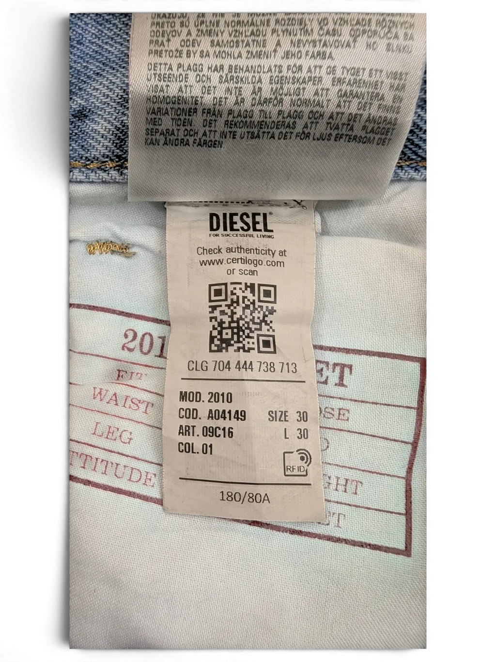 JAKE & IPI Diesel Library 2010 jeans, size 30x30, blue denim with RFID tag.