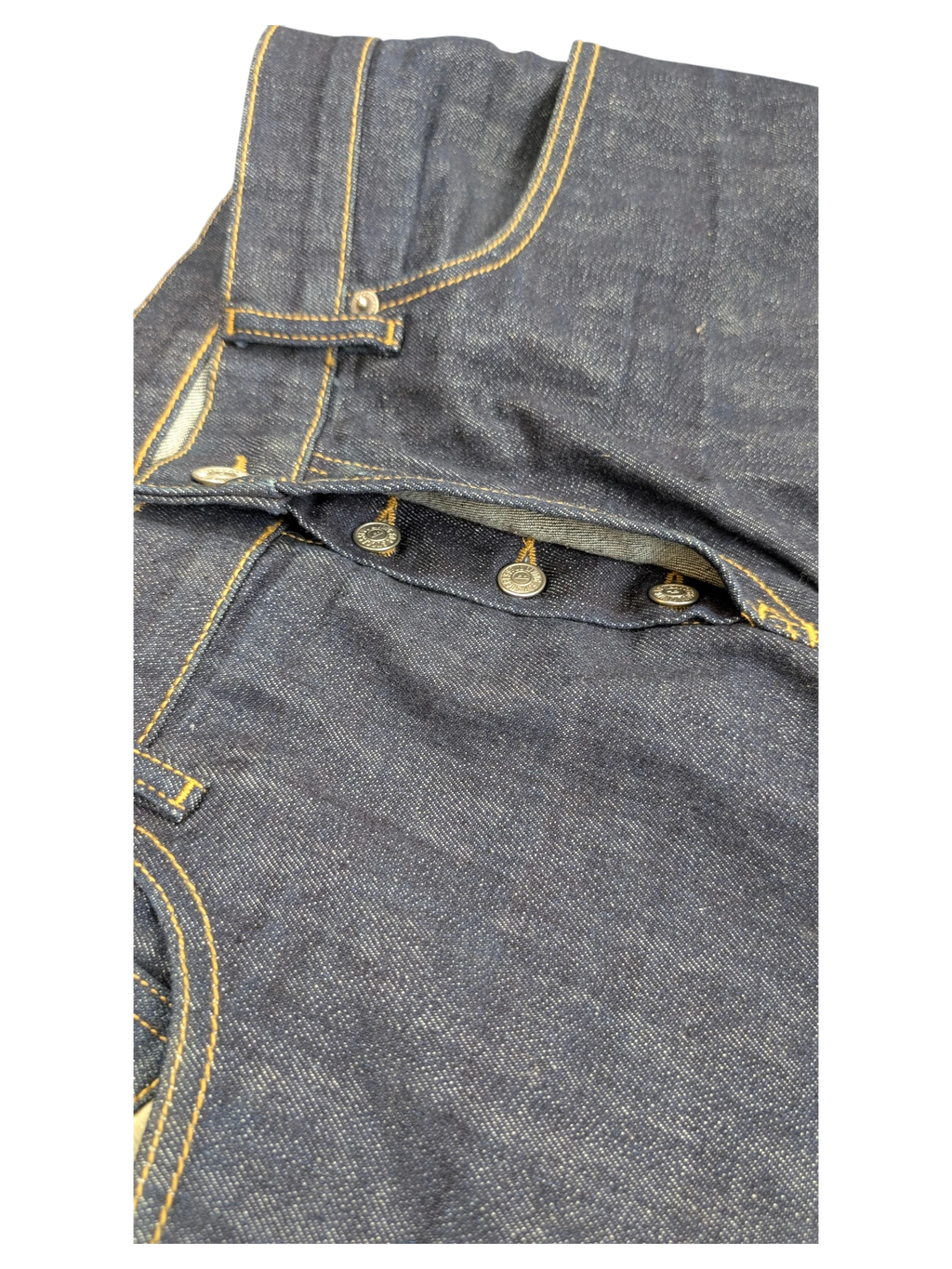JAKE & IPI dark wash denim jeans with button fly and contrast stitching.