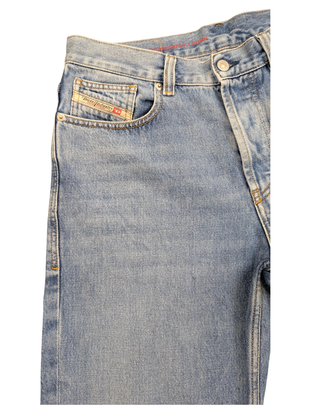 JAKE & IPI light wash denim jeans with red stitching detail and Diesel Industry coin pocket.