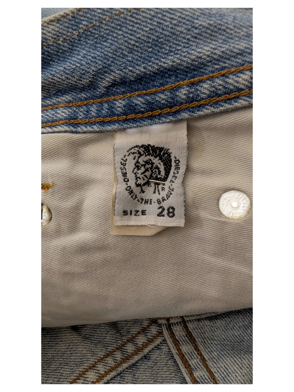 JAKE & IPI Diesel Modern Basic jeans, size 28, light wash denim with contrast stitching and branded button detail.