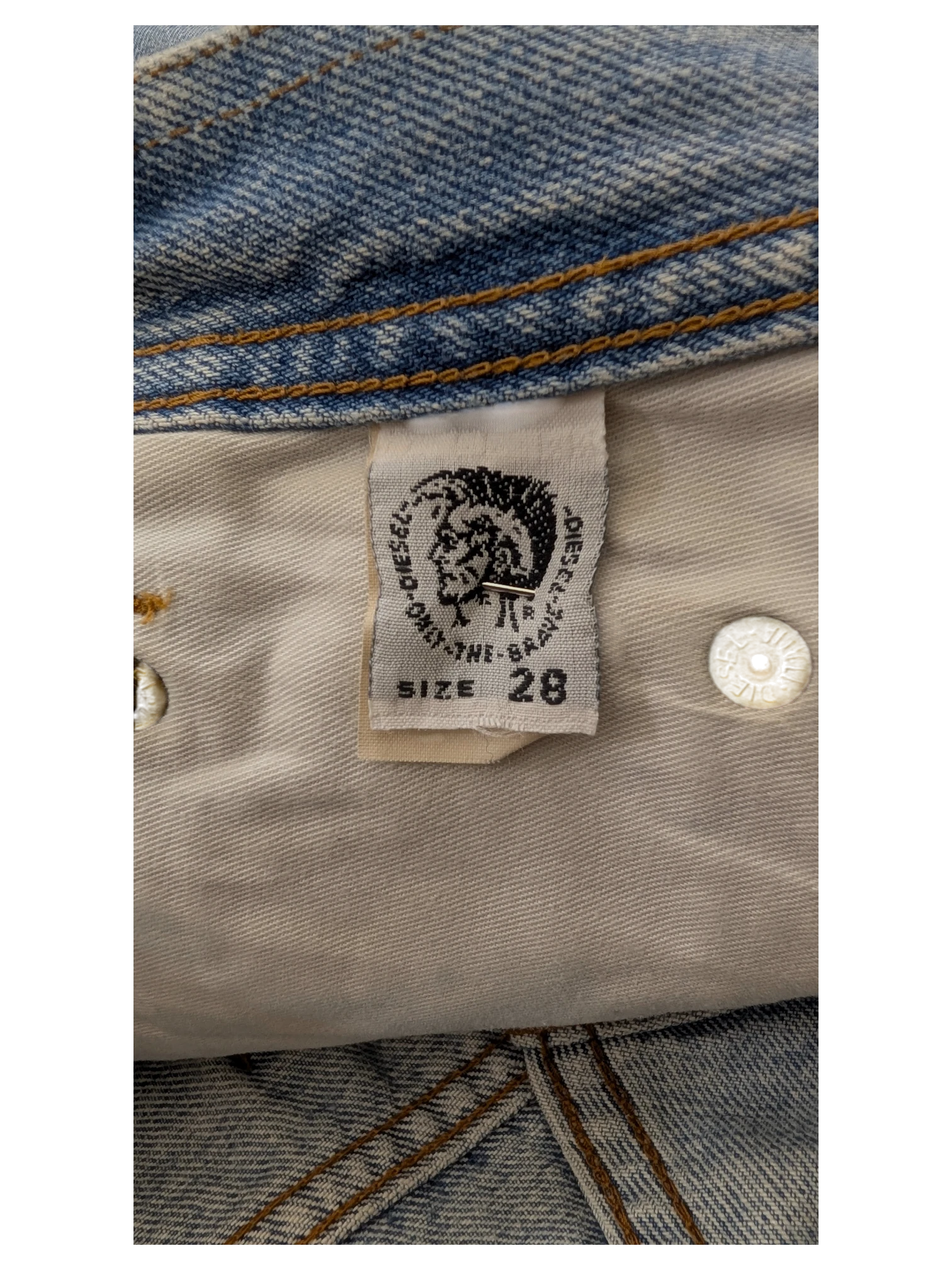 JAKE & IPI Diesel Modern Basic jeans, size 28, light wash denim with contrast stitching and branded button detail.