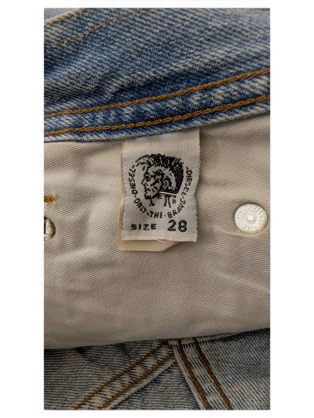 JAKE & IPI Diesel Modern Basic jeans, size 28, light wash denim with contrast stitching and branded button detail.