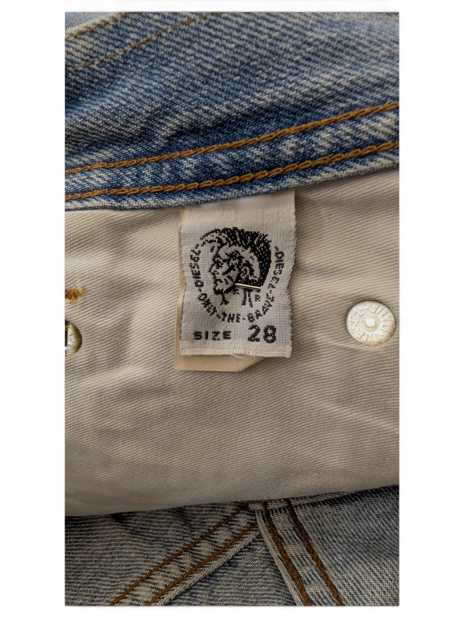JAKE & IPI Diesel Modern Basic jeans, size 28, light wash denim with contrast stitching and branded button detail.