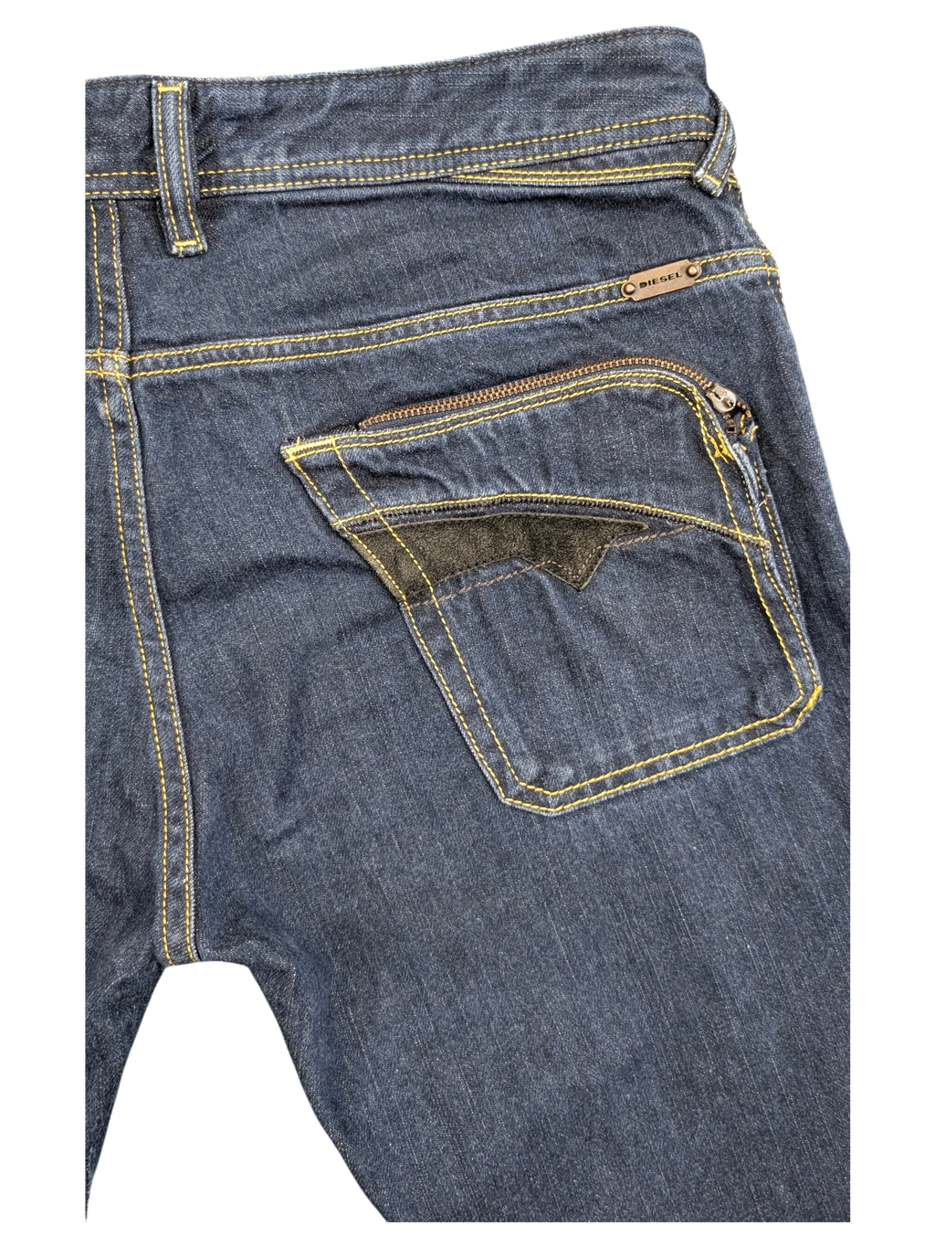 JAKE & IPI Diesel Poiak dark wash denim jeans with yellow stitching and a zippered back pocket with black accent.