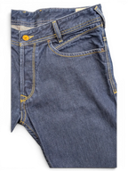 JAKE & IPI dark wash denim jeans with yellow stitching and a button fly. Size W31 L34.