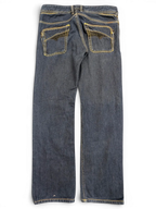 JAKE & IPI dark wash denim jeans with yellow stitching and black accent on back pockets. Size W31 L34.