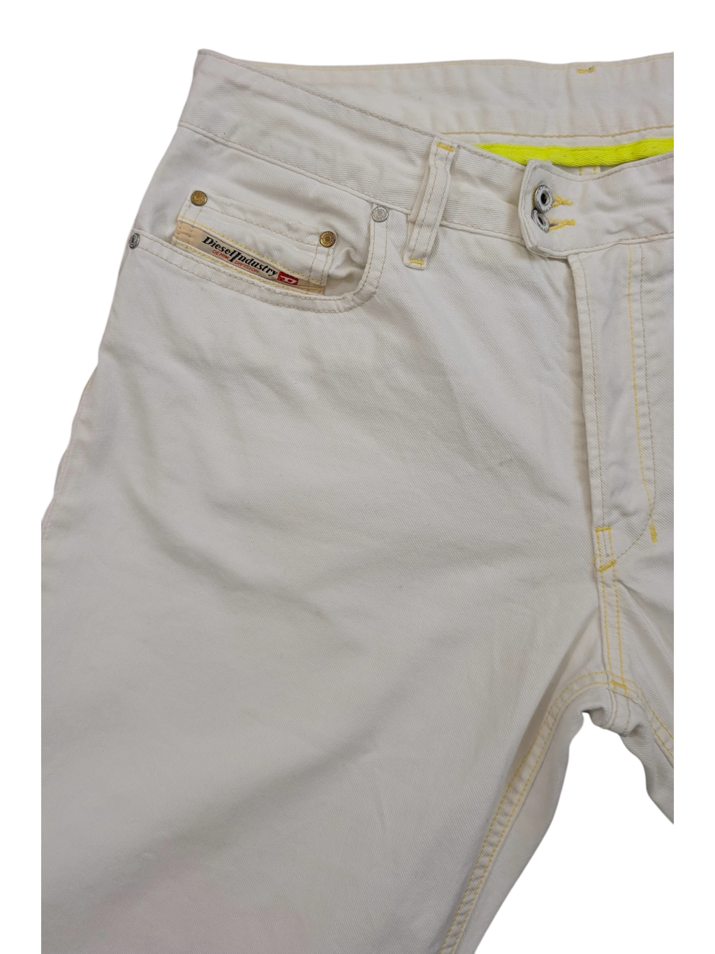 JAKE & IPI Diesel Rabox white denim jeans with yellow stitching and neon yellow waistband detail. W34 L32.