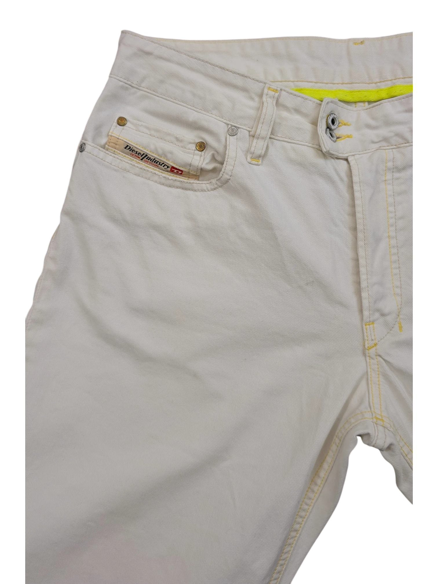 JAKE & IPI Diesel Rabox white denim jeans with yellow stitching and neon yellow waistband detail. W34 L32.
